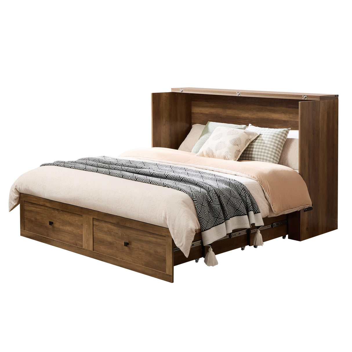 AMERLIFE Queen Murphy Bed Cabinet with Charging Station and Storage, Farmhouse Foldable Platform Bed for Guest Room, Office, Small Spaces, Barnwood AMERLIFE