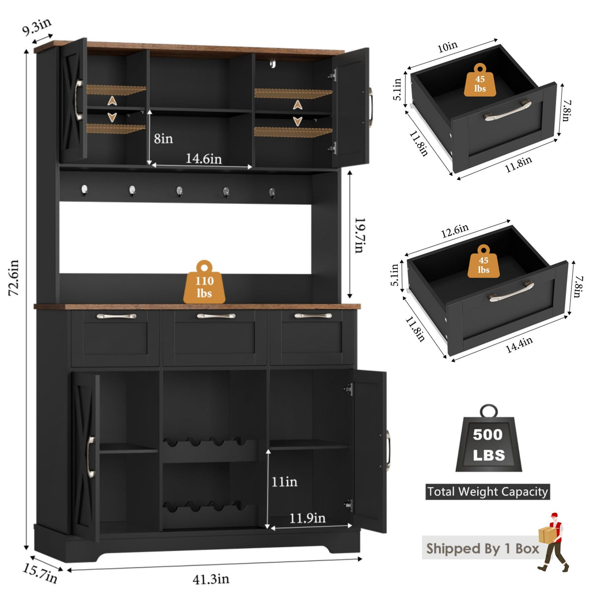 HIFIT 72" Large Kitchen Pantry Storage Cabinet with Barn Doors & Shelves, Farmhouse Tall Kitchen Hutch Wood Bar Cabinet w/3 Drawers, Microwave Stand, Cupboard Wine Rack for Dining Room, Pantry, Black HIFIT