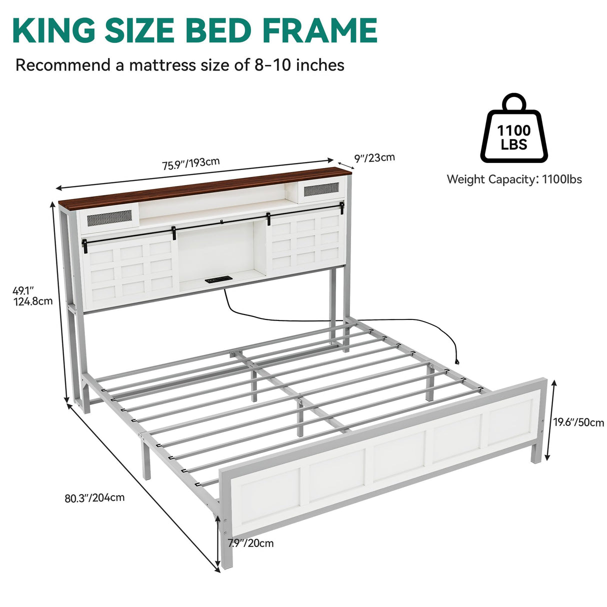 YITAHOME Farmhouse Bed Frame King Size, 49.14" Tall Storage Headboard, Led Light & Charging Station, Sliding Barn Door, Wooden Platform Bed Frame, Metal Slats Support, No Box Spring Needed, White YITAHOME