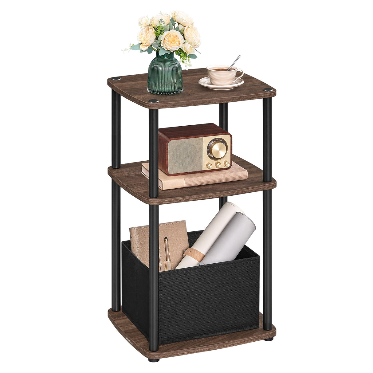 SONGMICS HOME Side Table, 3-Tier Nightstand with Storage, End Table with Fabric Basket, for Bedroom, Living Room, Steel Frame, Superfast Toolless Assembly, Modern, Ebony Walnut ULET286K01 SONGMICS HOME