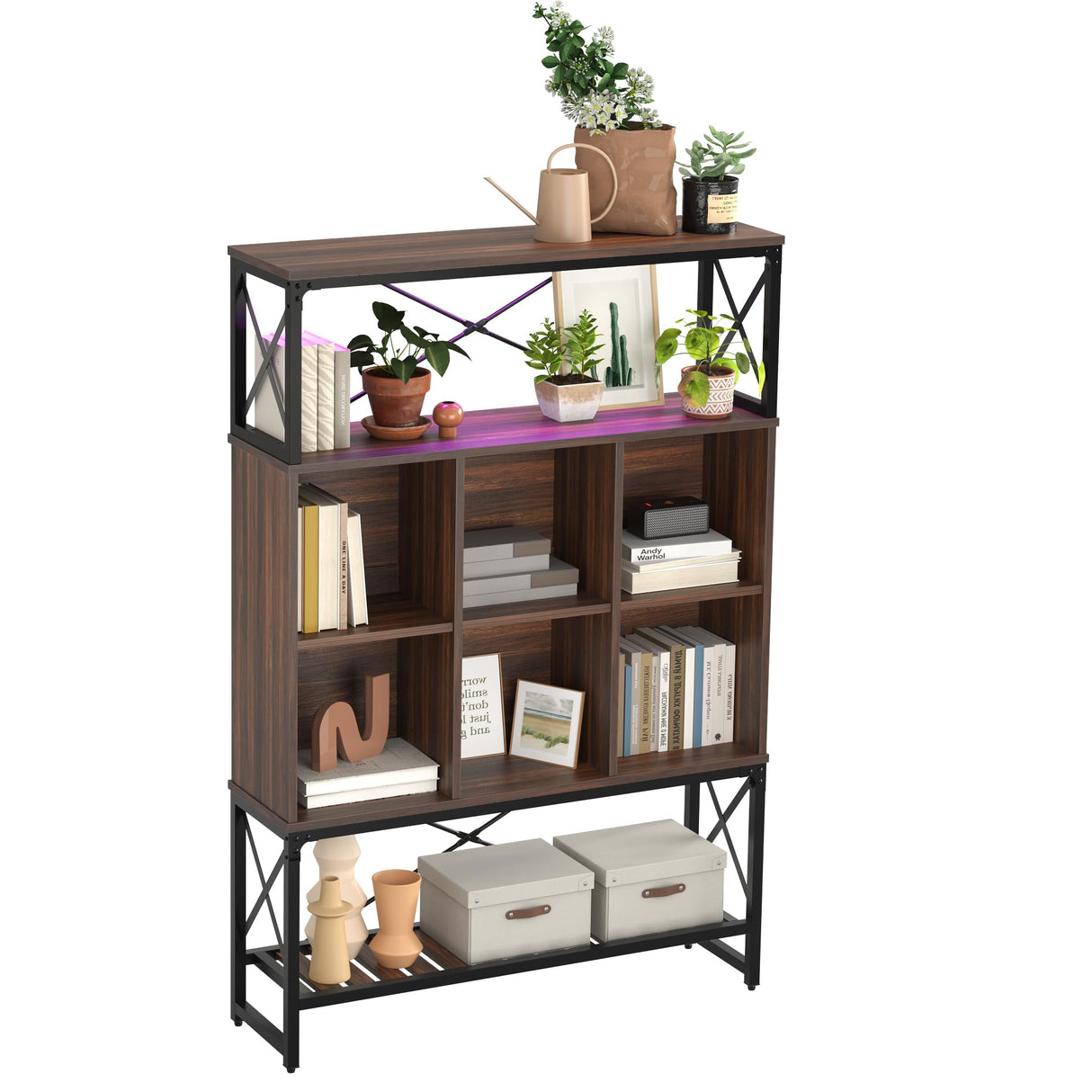 Bestier 43 Inch Wide Bookshelf 5 Tier, Mid-Century Modern Bookcase with LED Light, 6 Cubes, 3 Open Storage Shelves Adjustable and Anti-toppling Design for Living Room & Study Room, Walnut Bestier
