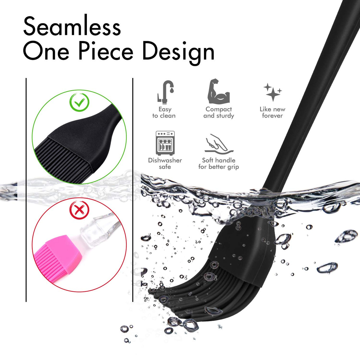 HOTEC Basting Brushes Silicone Heat Resistant Pastry Brushes Spread Oil Butter Sauce Marinades for BBQ Grill Barbecue Baking Kitchen Cooking BPA Free Dishwasher Safe (Black 2) HOTEC