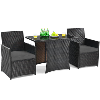 DORTALA 3 Pieces Patio Dining Set, Outdoor Rattan Bistro Set with Cushions, Tempered Glass Tabletop, Wicker Conversation Set for Garden Backyard Poolside Porch, Grey