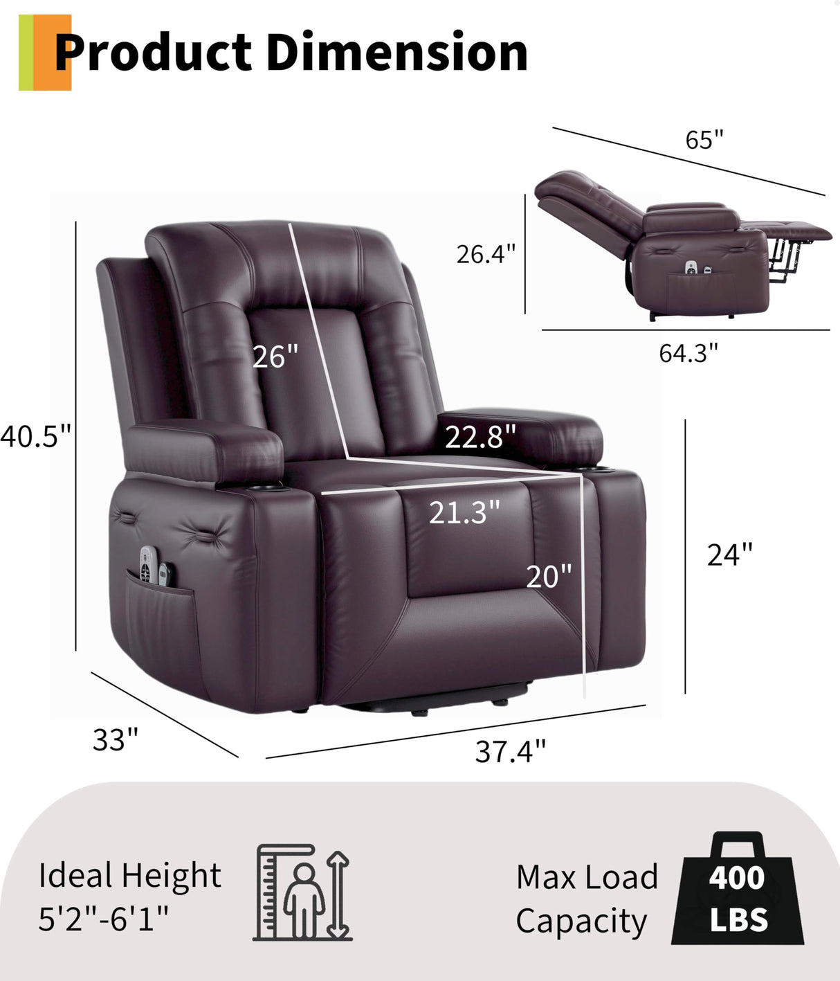 Garvee Power Lift Recliner Chair - Heat and Massage, PU Leather Electric Lift Recliner for Elderly & Mobility Impaired, Adjustable Back and Legs, Heavy Duty Lift Chair for Seniors Garvee