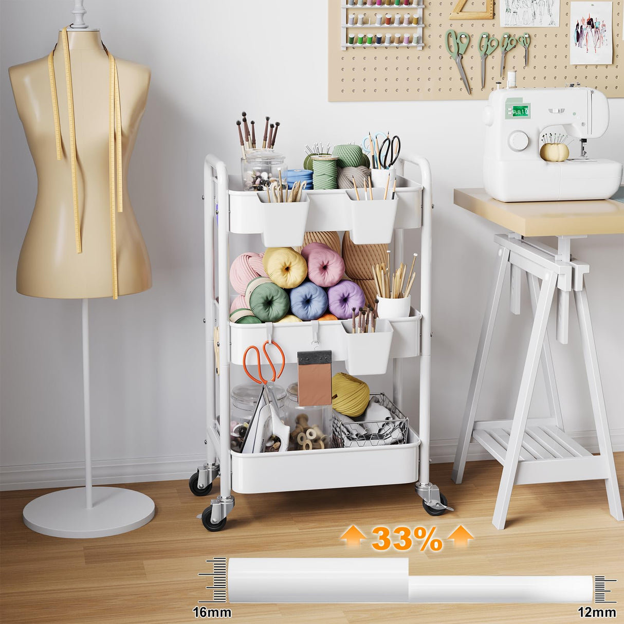 3 Tier Rolling Cart Metal with Wheels, White Three Tiered Craft Cart Organizer on Wheels, Storage Utility Carts for Art, Baby Nursery,Diaper Caddy, Cleaning Supplies, Nail,Lash,Snack,Book,Roller Shelf Aofure