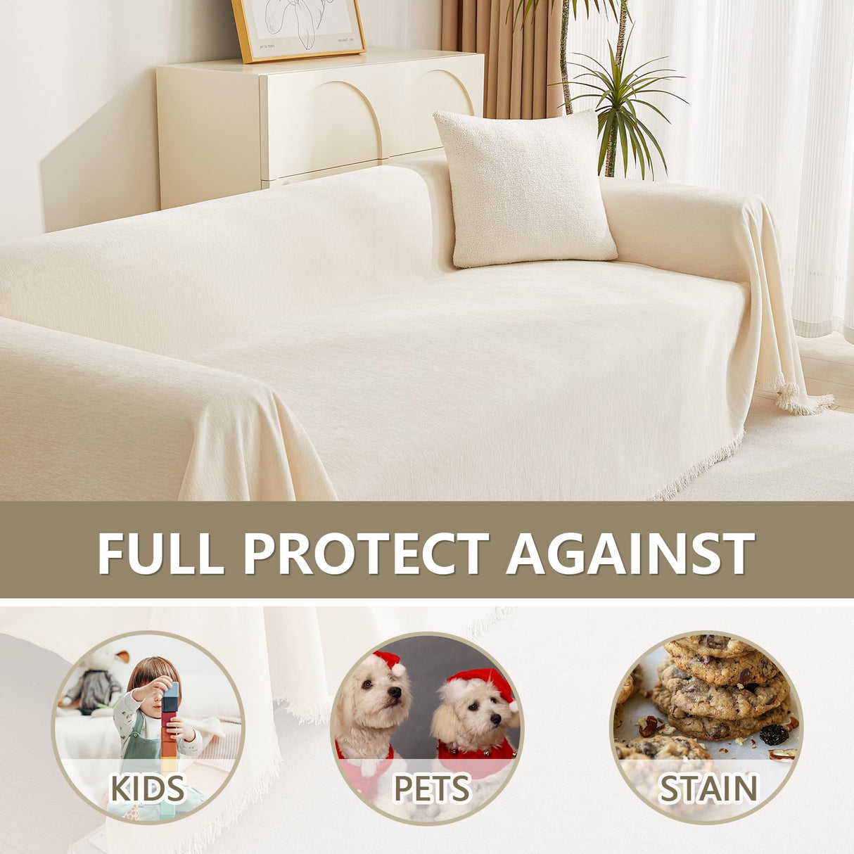 MYSKY HOME Boho Couch Cover Beige Sofa Covers with White Tassel Farmhouse Sofa Slipcover Simple Couch Protector for Dogs Chenille Sectional Couch Covers L Shaped Couch Cushion Covers, 91"x 134" MYSKY HOME