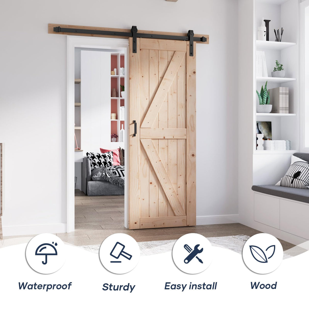 FREDBECK 30in x 80in Sliding Barn Door and 5FT Sliding Door Hardware Kit Included K Shape Solid Spruce Wood Panel for Bedroom Need to Assembly FREDBECK
