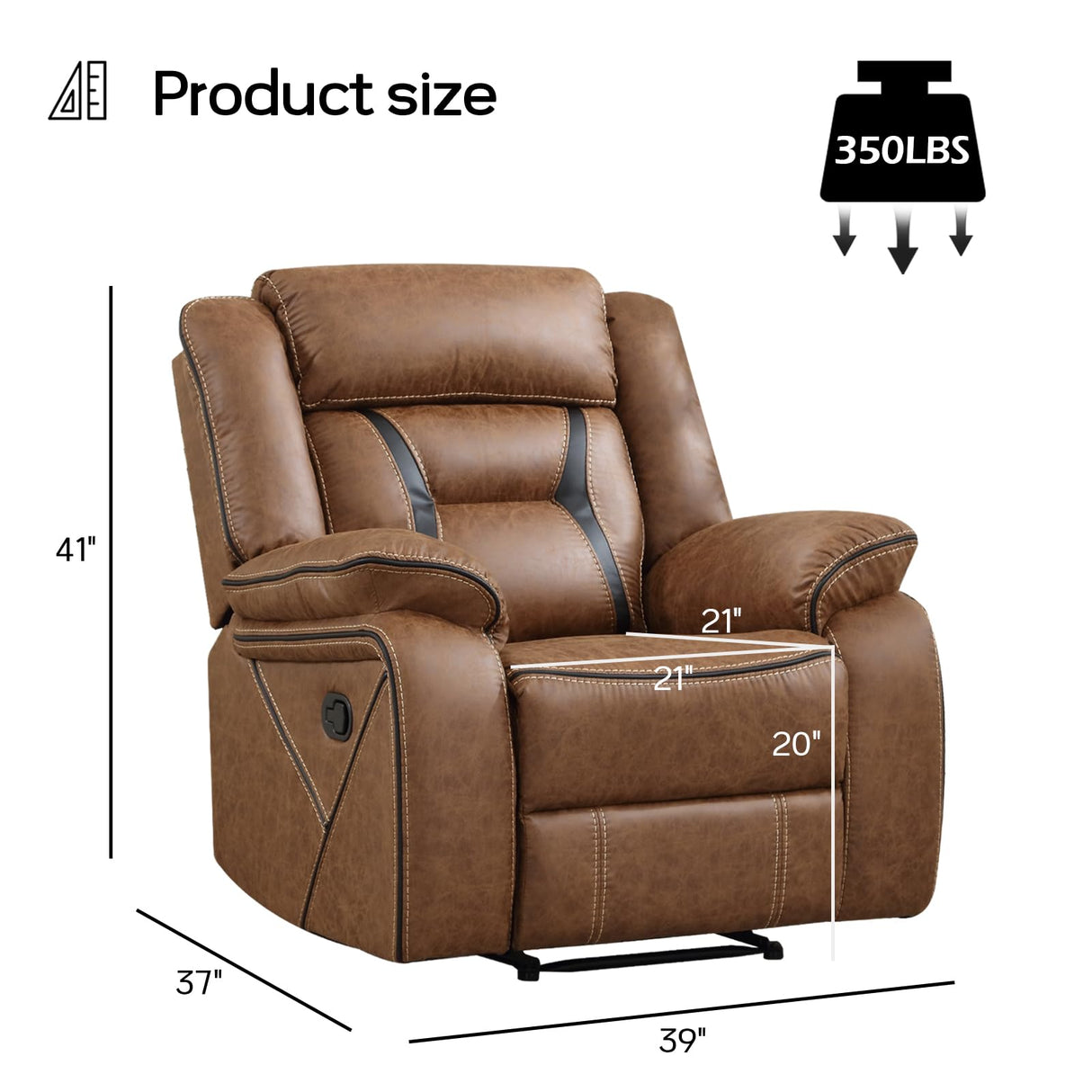 EBELLO Manual Recliner Chair, Faux Leather Single Reclining Sofa Chair with Overstuffed Armrest and Headrest, for Living Room, Bedroom Furniture, Meeting Room, Bright Brown EBELLO