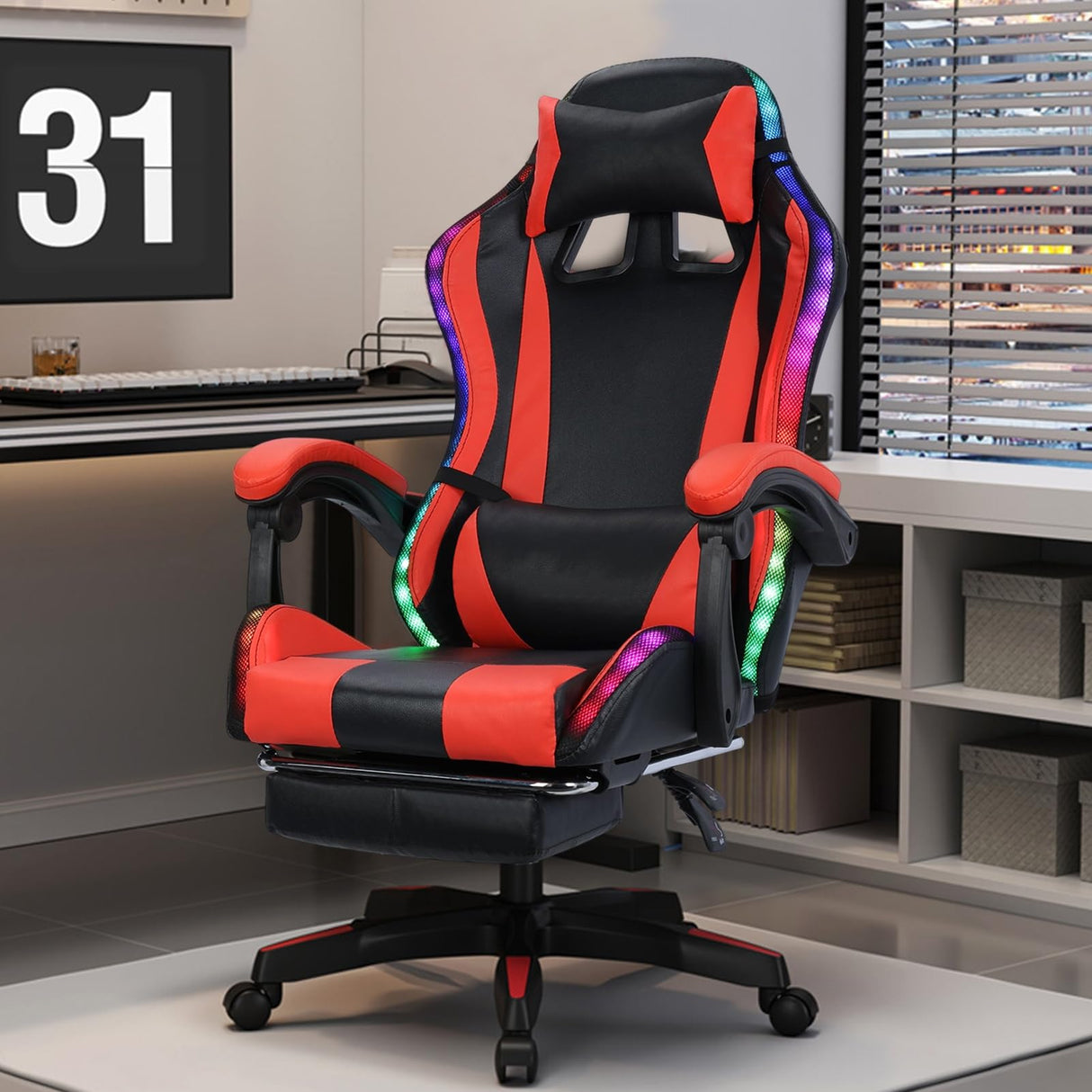 mufsceku Gaming Chair with Footrest,Massage,Ergonomic Computer Desk Chair with Bluetooth Speakers,LED Lights,Height Adjustable Swivel Task Chair High Back with Lumbar Support,397lbs Capacity Red mufsceku