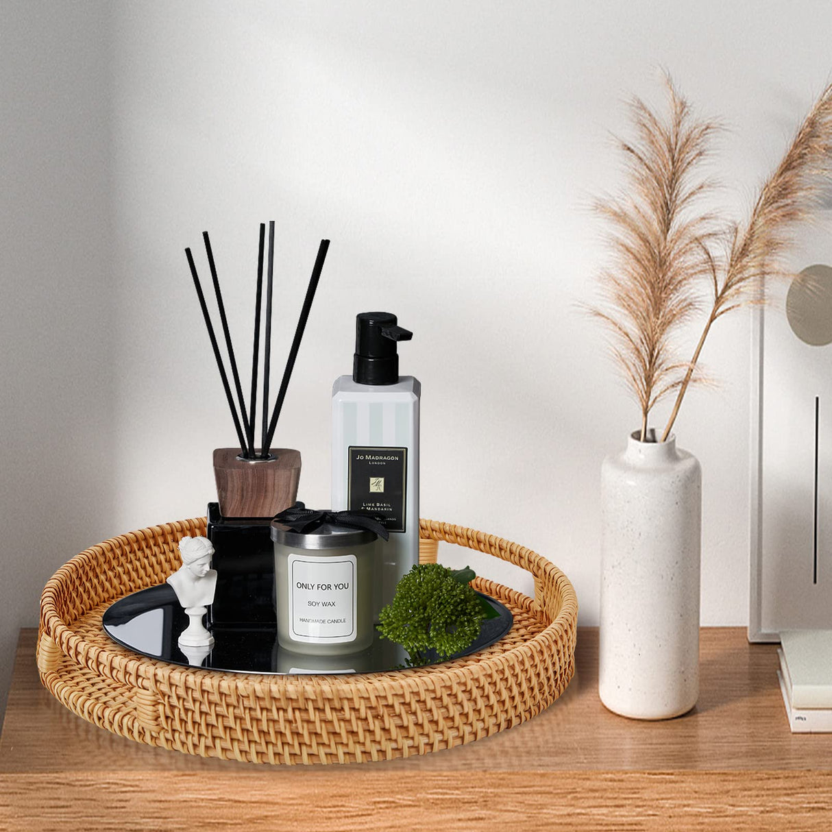 Whalehub Round Rattan Serving Tray with Handles,2 Hand Woven Basket, Home Decor Organizer Tray for Breakfast, Tea, Snack, Fruit, Coffee, Storage (Large + Medium)(14.17inchX2.3inch+11.9inchX1.7inch Whalehub