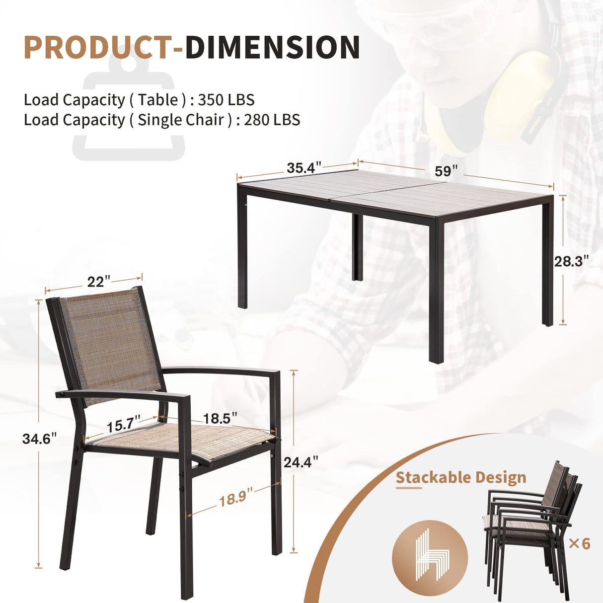 Devoko Patio Dining Set 7 Piece Outdoor Furniture with Rectangular Table and 6 Stackable Chairs Family Conversation Set for Garden Backyard Deck (Brown) Devoko