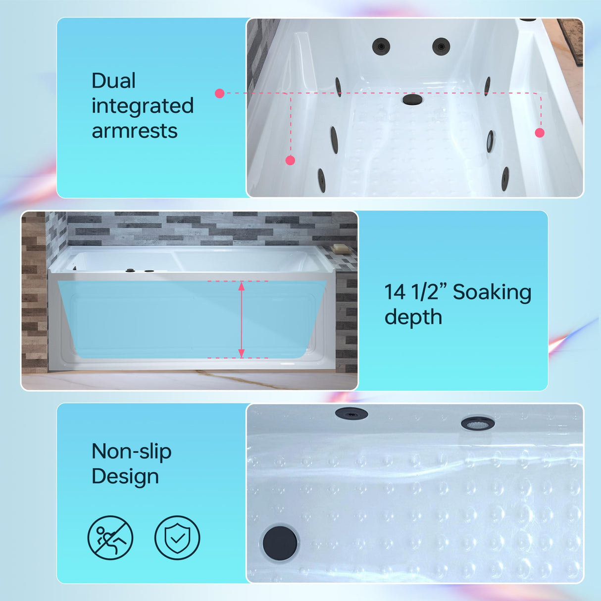 WOODBRIDGE 60" Alcove Acrylic Rectangular Whirlpool Heated Jetted Tub in White with Left Drain, Matte Black pop-up Drain Included BM6030L WOODBRIDGE