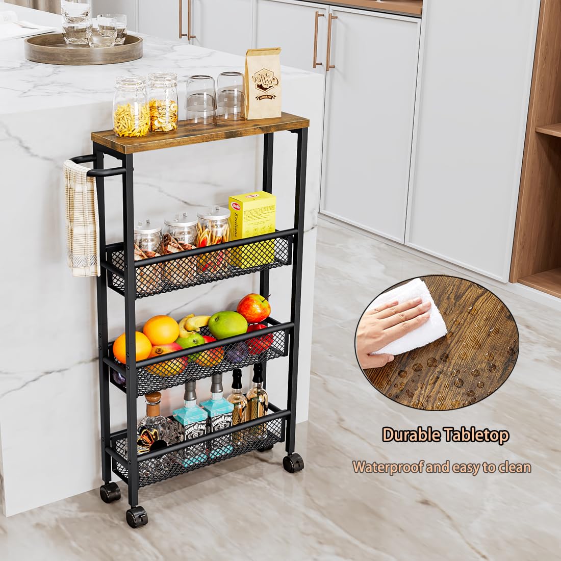 Slim Rolling Cart 4 Tier Narrow Storage Cart on Wheels with MDF Board Top and Metal Handle for Small Space Kitchen Living Room Home Office Pantry Bathroom Laundry Room(16.54×5.12×30.31 inch) AZERPIAN