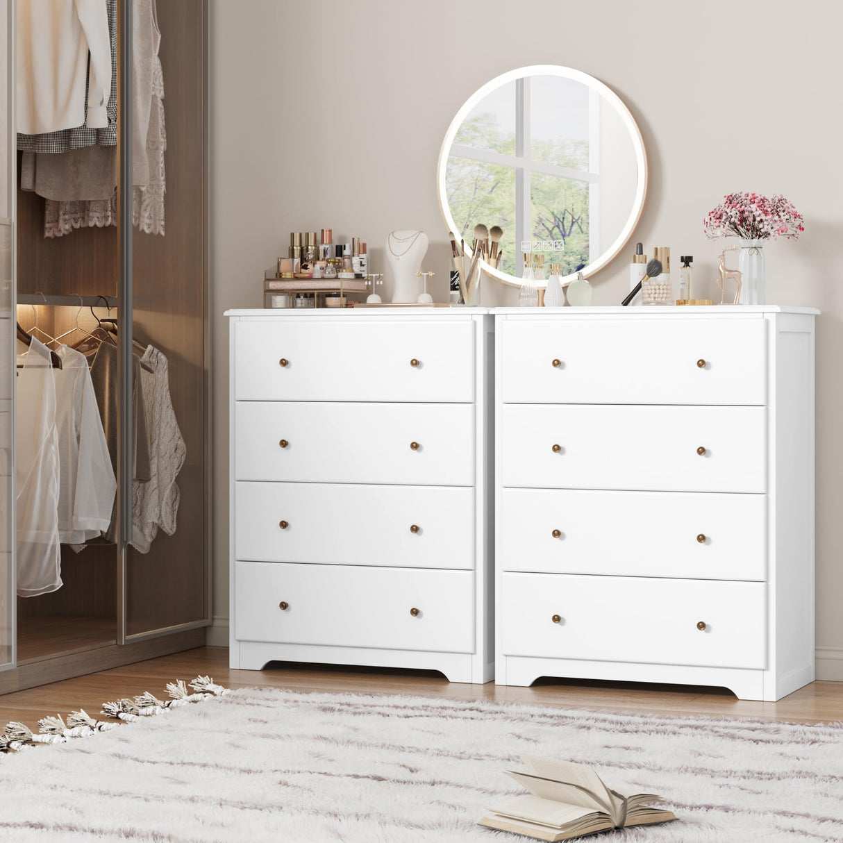 HOUSUIT White Dresser, 4 Drawer Dressers Chest of Drawers, Modern Tall Dresser, Wood Drawer Chest Storage Cabinet for Living Room, Hallway, Entryway, Home Office, Ivory White HOUSUIT