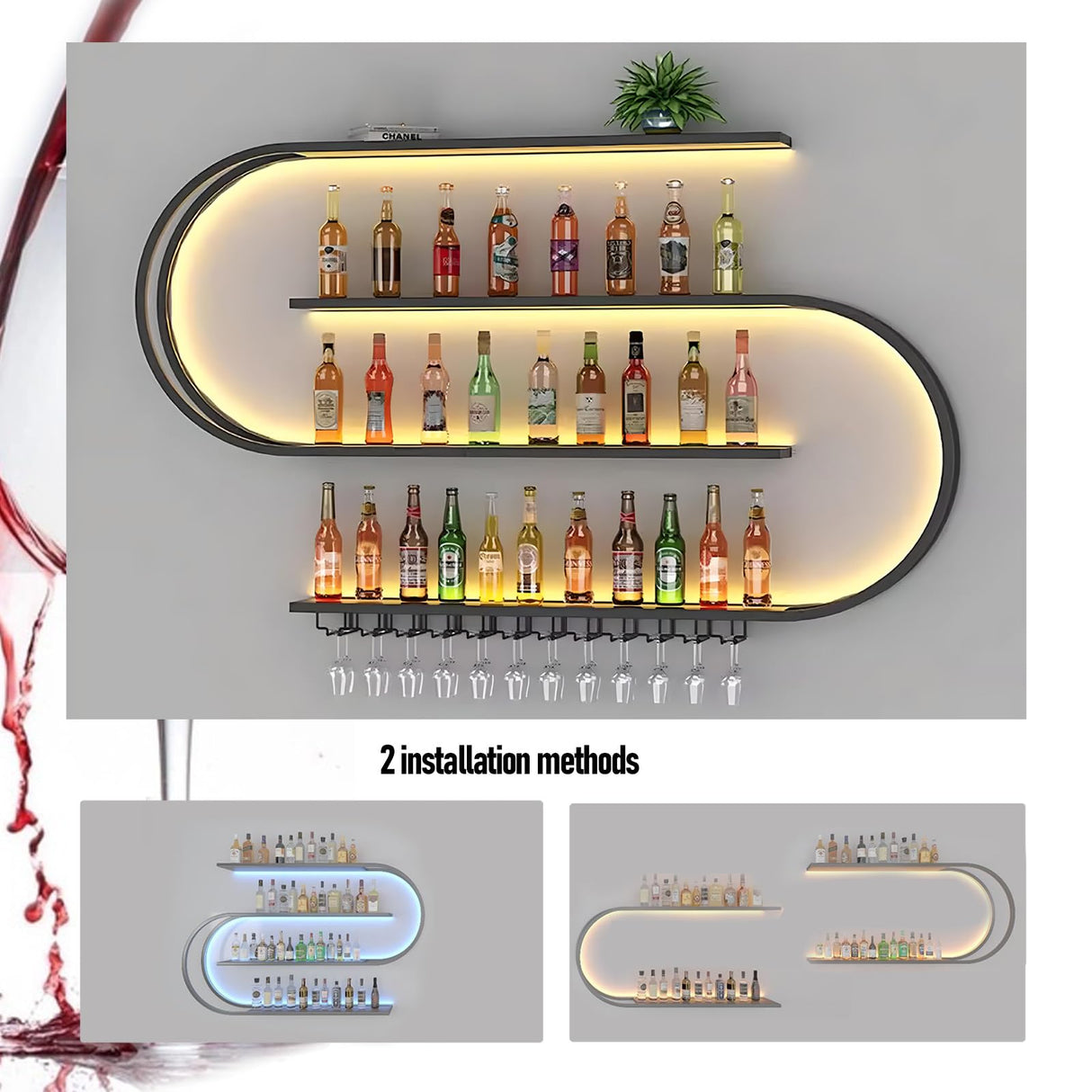 RAJYQODIS 59in Wall Mounted Wine Rack, Floating Bar Shelves 4-Tier,Industrial Metal Bottles Display Storage Shelf, for Home Bar Dining Room Decor, Black (Black, 59.05in/150cm) RAJYQODIS