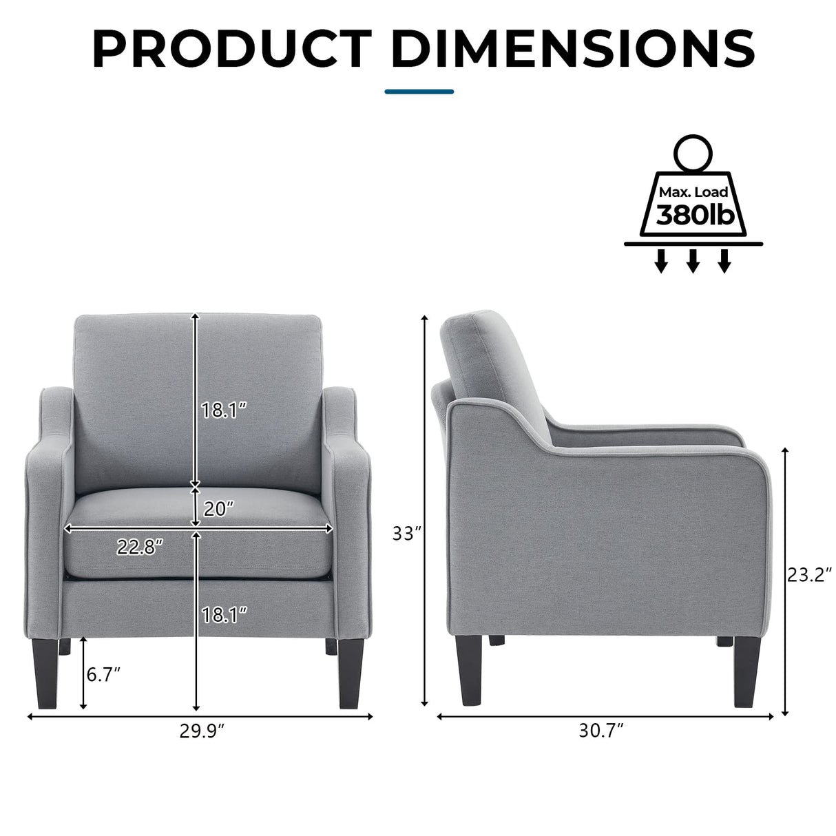 VINGLI Mid Century Modern Accent Chair,Light Grey Fabric Chairs for Living Room Upholstered Armchair with Scooped Arms for Bedroom,Apartment,Studio,Office,Waiting Room VINGLI