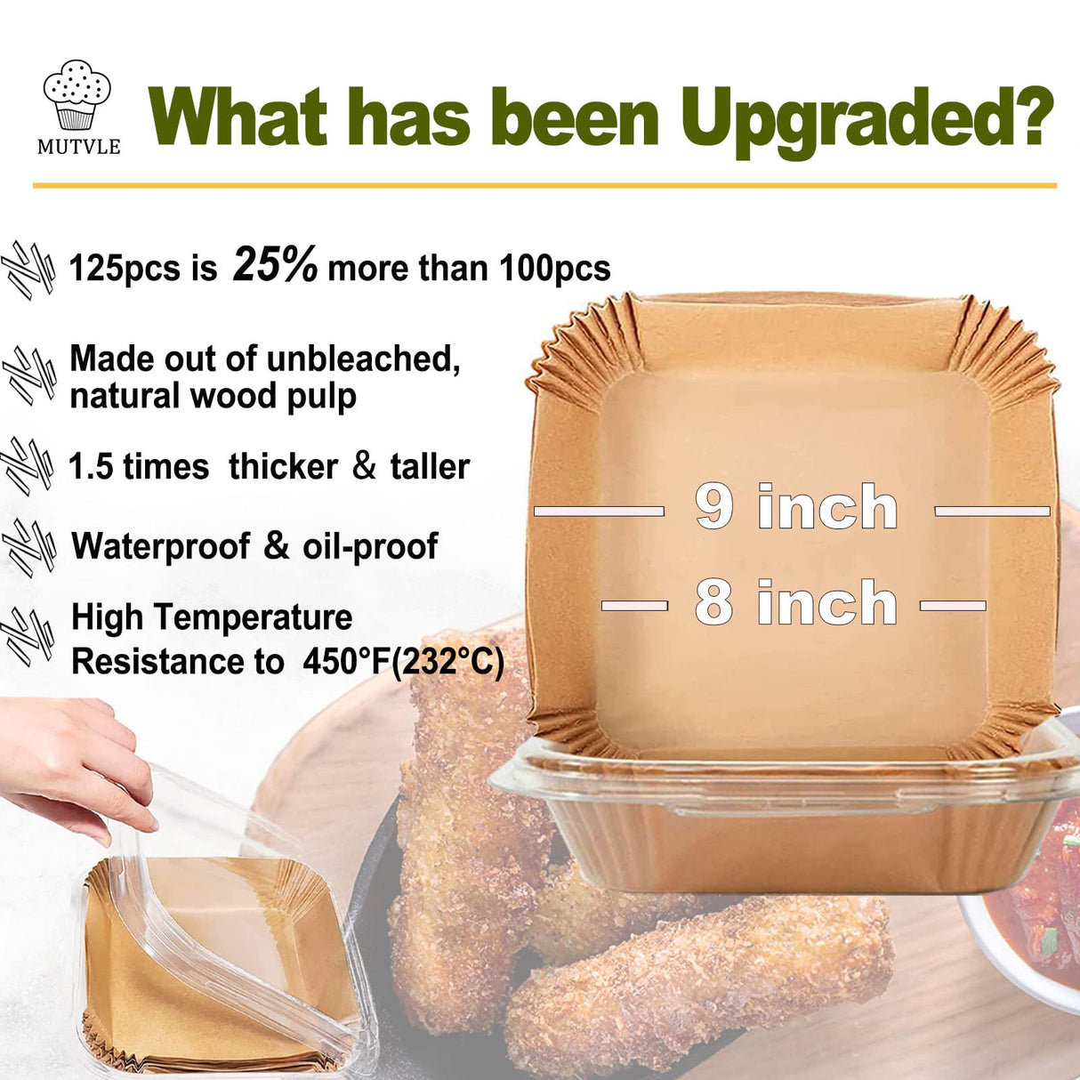 Large Air Fryer Disposable Paper Liners Square 9 Inch, 125 Pcs Parchment paper liner for 5-8QT Air fryer, Oil-proof, Water-proof, Parchment Baking Paper for Baking Roasting Microwave mutvle