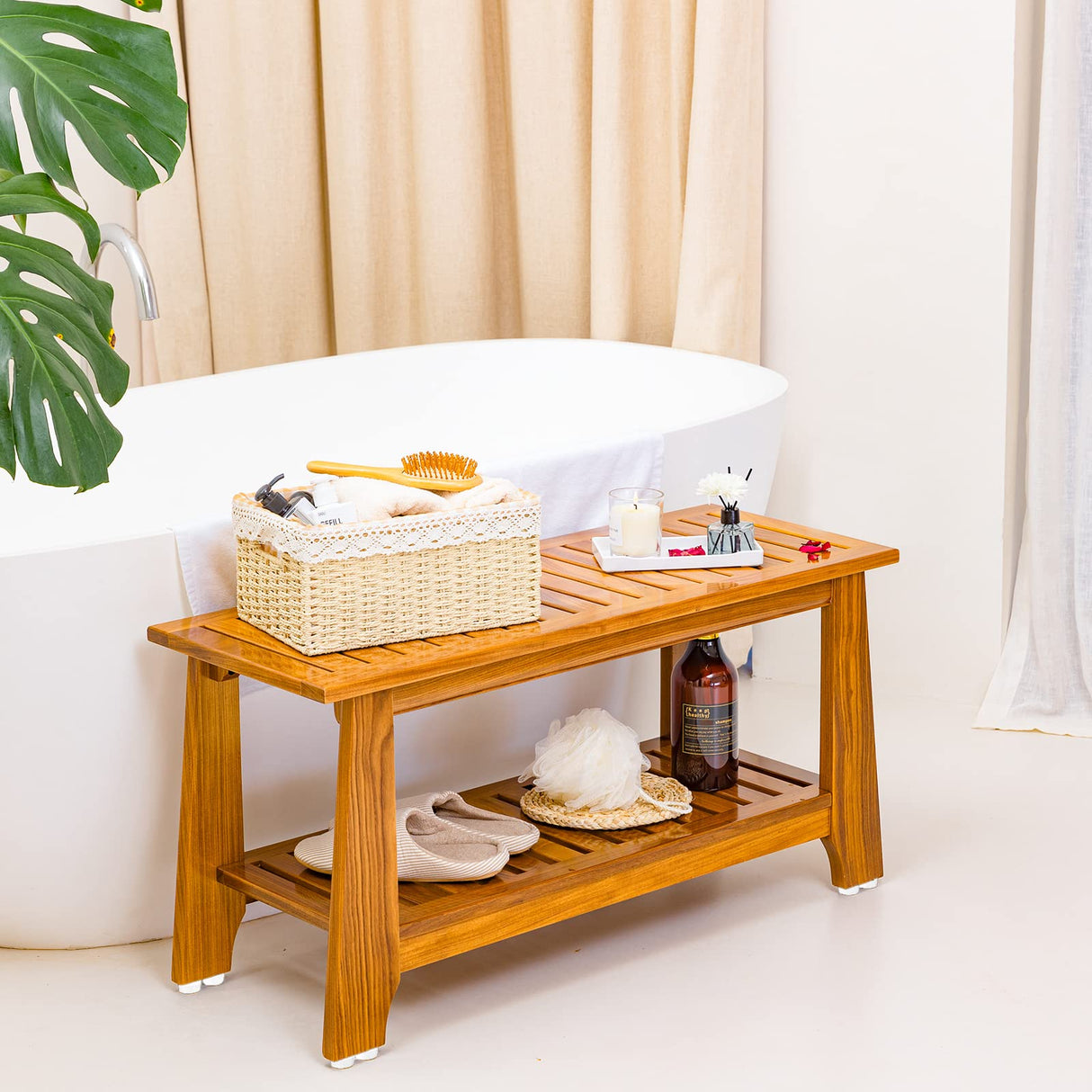 24" Teak Shower Bench With Shelf/Shower Benches For Inside Shower/Teak Shower Seat/Bathroom Bench/Teak Wood Benches For Showers/For Spa, Showers, Pools And Other Wet Environments,Patented Designs. NNN