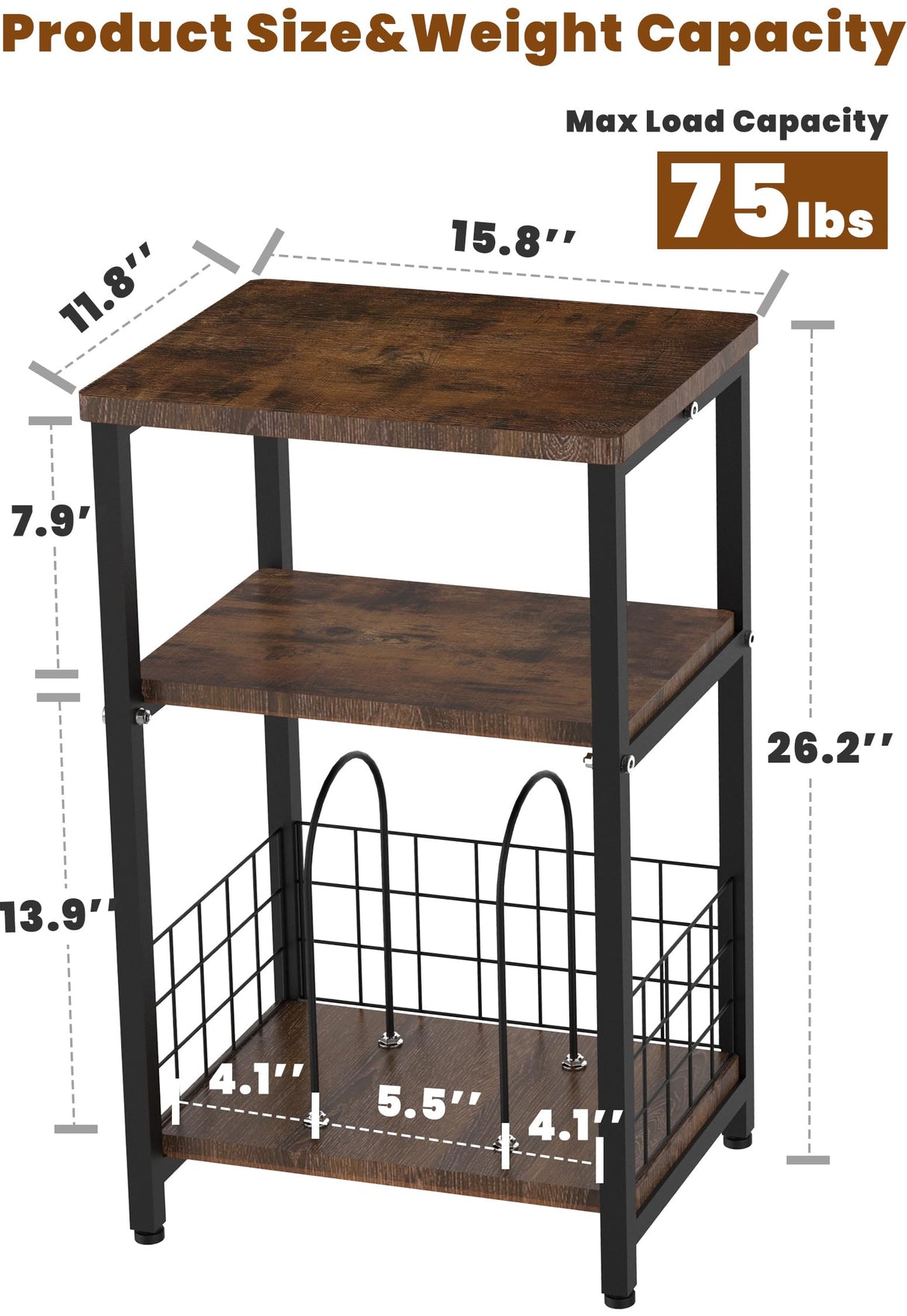 Tuohours Record Player Stand, 3 Tier End Side Table with Vinyl Record Storage Basket, Turntable Table up to 100 Albums Record Shelf Display Holder Cabinet for Living Room, Bedroom, Office Tuohours