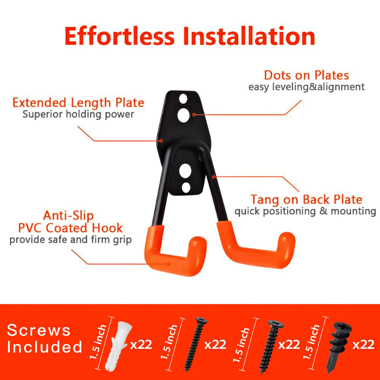 Garage Hooks, 12 Pack Wall Storage Hanger with 2 Extension Cord Straps, Heavy Duty Tool Holder for Utilities Organization, Wall Mount Rack for Garden Lawn Tools, Ladders, Bike, Ski (Orange) SMARTOLOGY