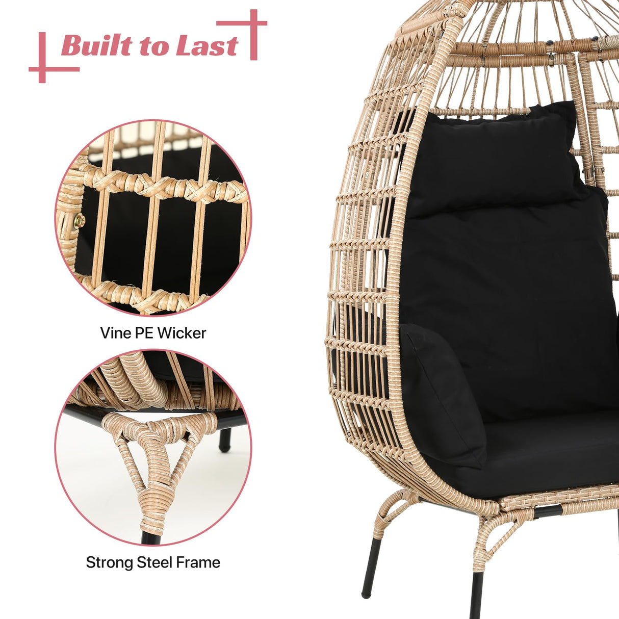Dkelincs Wicker Egg Chair Indoor Outdoor Lounge Chair Patio Reading Chair Oversized Rattan Egg Chair for Patio, Backyard, Garden, Living Room w/ 4 Cushions Steel Frame, 352lb Capacity(Black) Dkelincs