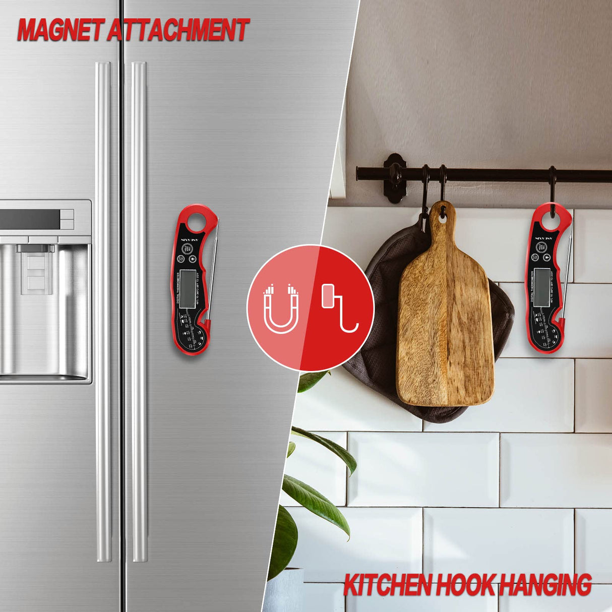 Meat Thermometer Digital for Grilling and Cooking - ANDAXIN Waterproof Ultra-Fast Instant Read Food thermometers with Backlight & Calibration for Kitchen, Deep Fry, BBQ, Grill(Red/Black), LCD ANDAXIN