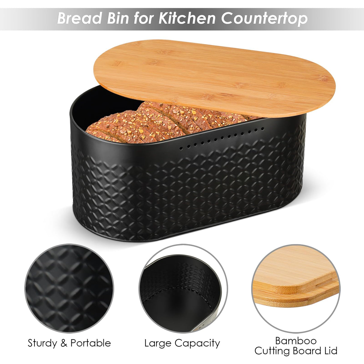 Hossejoy Metal Bread Box with Reversible Bamboo Cutting Lid, Bread Storage Container for Kitchen Countertop, Modern Bread Bin Holder Breadbox (Black) Hossejoy