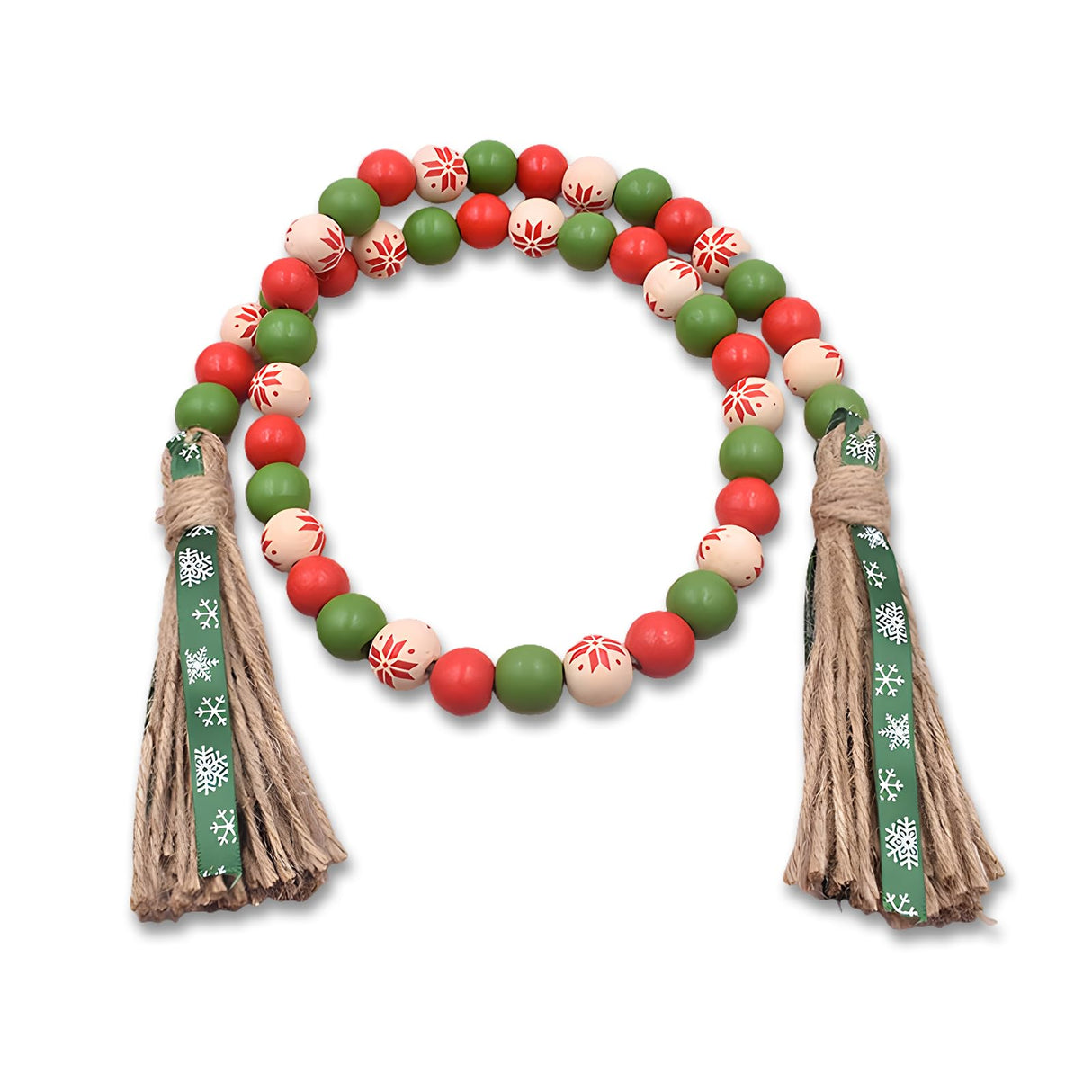 Christmas Wood Bead Garland - Green Red Rustic Wooden Beads with Jute Rope Plaid Tassel Bead Garland for New Year Winter Xmas Tiered Tray Décor Farmhouse Home Kitchen Wall Hanging Decoration Sfoni