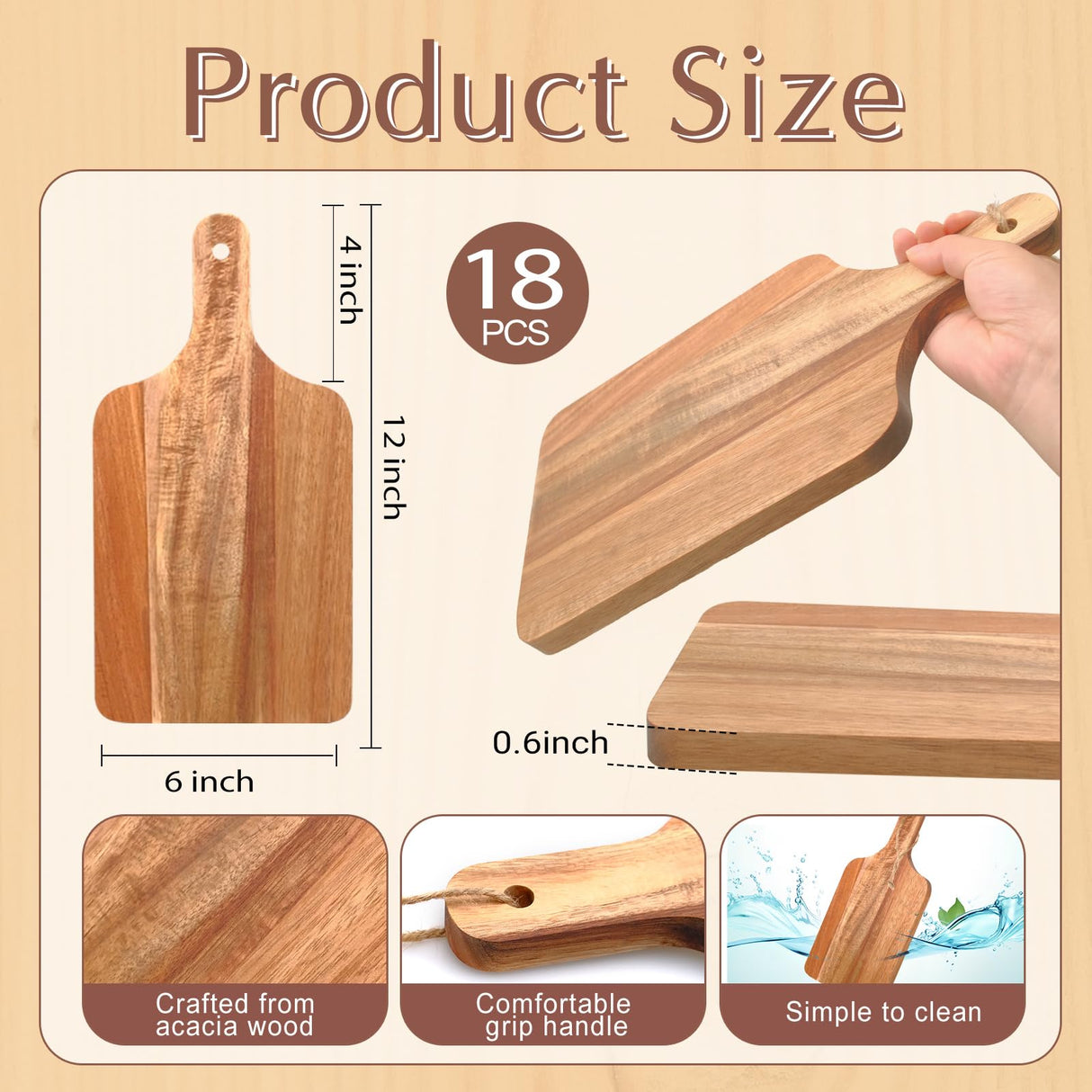 18 Pcs Acacia Wood Cutting Board Bulk Wood Cutting Board with Handle Kitchen Tray Charcuterie Boards for Pizza, Bread, Cheese, Fruit, Vegetables (12 x 6 Inch) Olutacot
