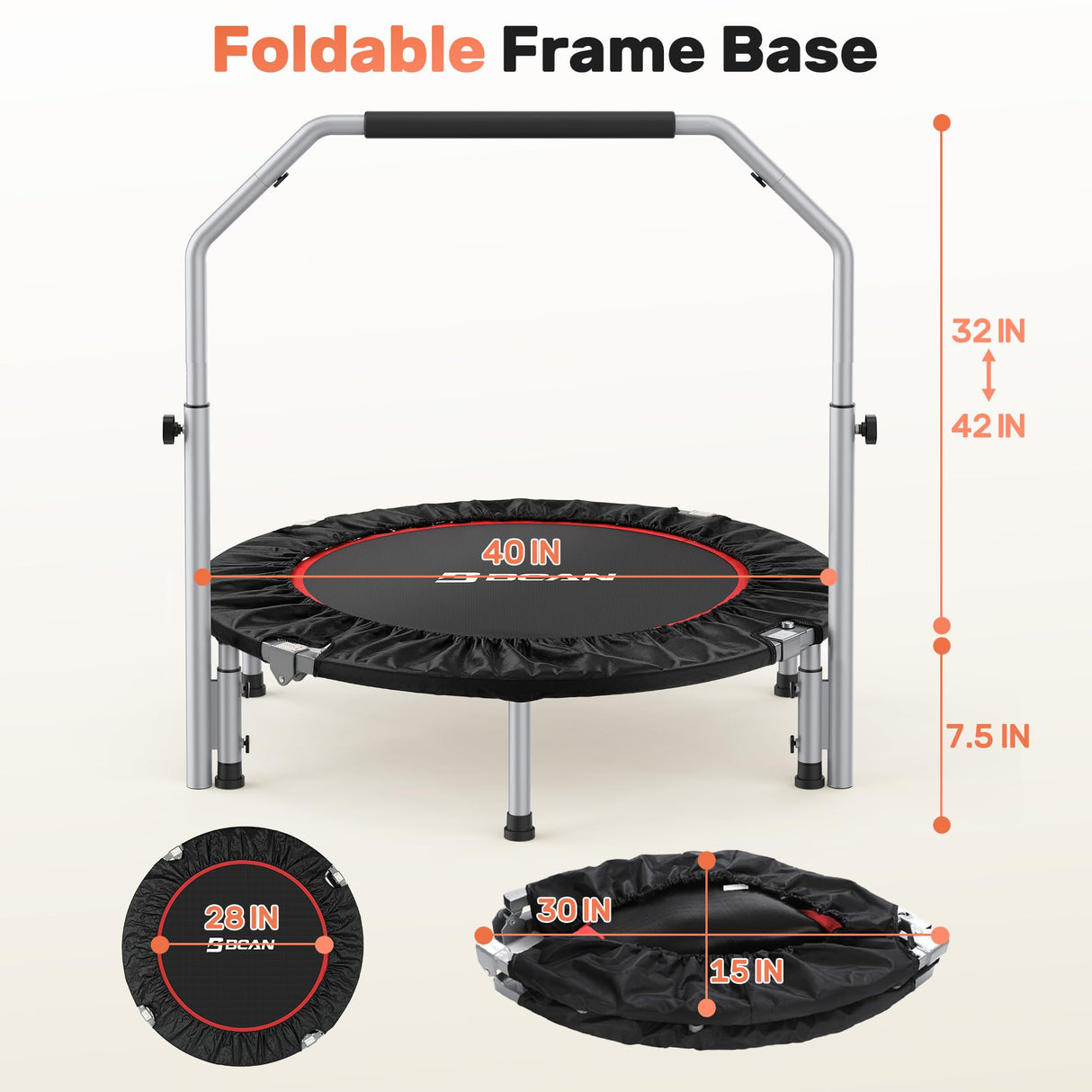 BCAN 40/48" Foldable Mini Trampoline Max Load 330lbs/440lbs, Fitness Rebounder with Adjustable Foam Handle, Exercise Trampoline for Adults Indoor/Garden Workout, Black BCAN