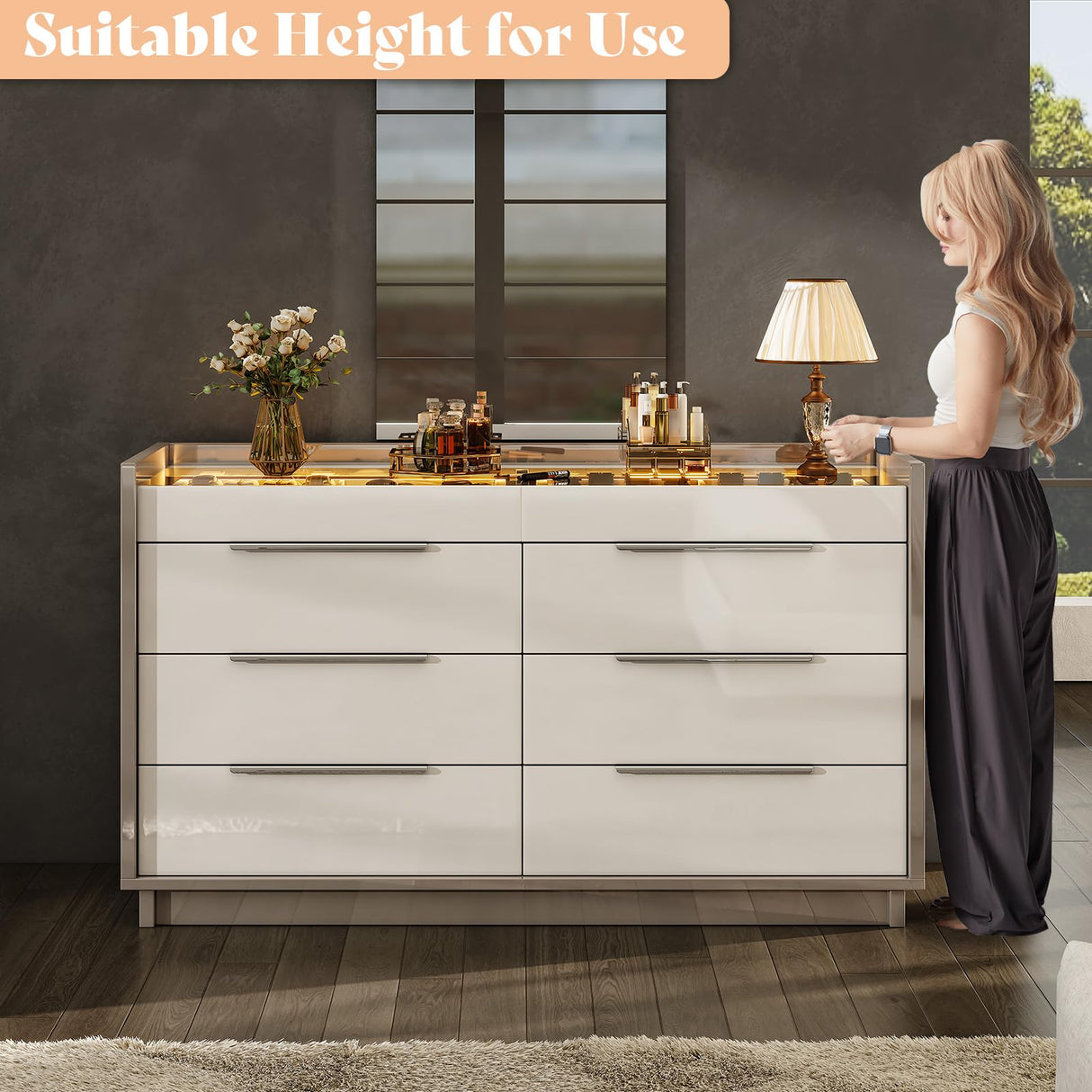AMERLIFE 47.2" 8 Drawer Dresser with LED Light, Modern High Gloss Chest of Drawers with Glass Tabletop & 2 Six-Grid Jewelry Drawers, for Bedroom, Living Room, Dressing Room, Cream & Grey AMERLIFE