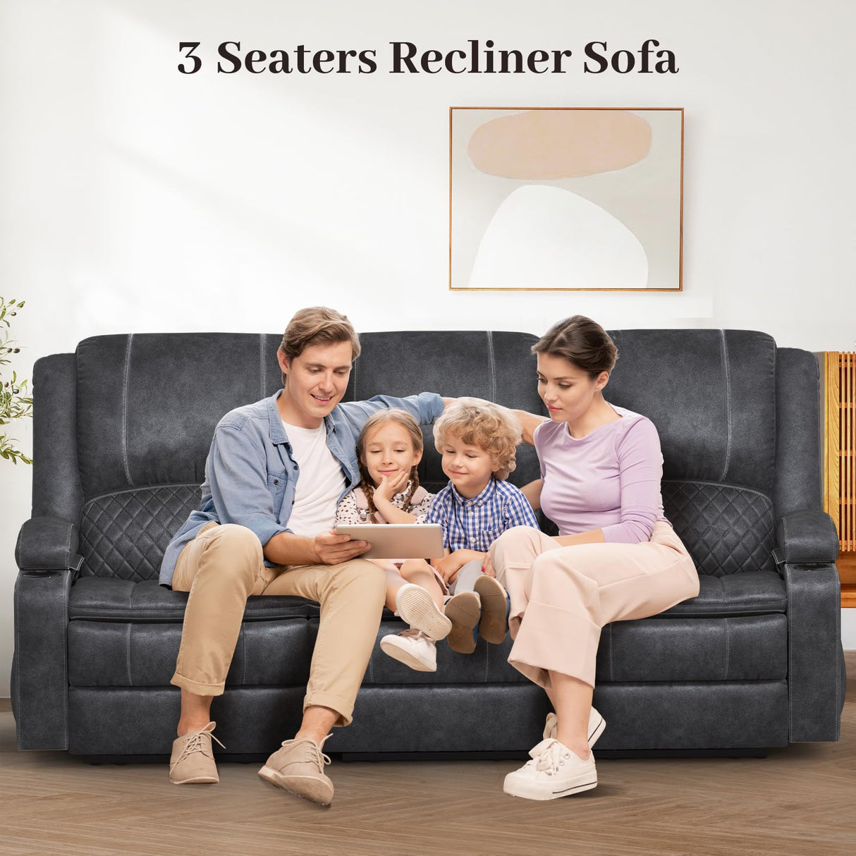 3 Seater Recliner Sofa Set with 2-Tier Cushion, 3+1+1 Pieces in Living Room, 3 Seater Reclining Couch Velvet Fabric with Removable Console, 2 Oversize Recliner Chair Sofa Seat - Grey Yolsali