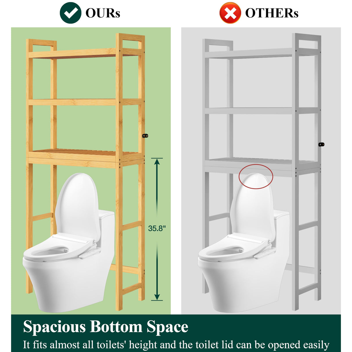 Smiry Over The Toilet Storage, Bamboo 3-Tier Over Toilet Bathroom Organizer, Adjustable Bathroom Shelf, Space Saving, Stable Freestanding Storage Cabinet with 4 Hooks, Natural Smiry