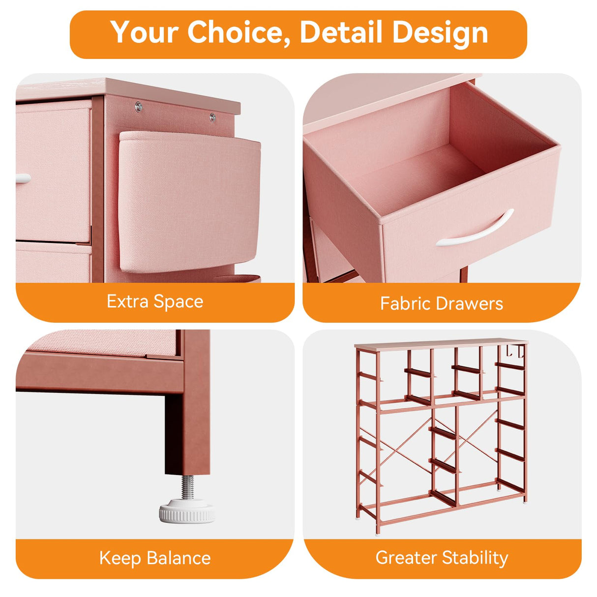 12 Dresser for Bedroom, Chest of Drawers for Bedroom with Side Pockets and Hooks, Fabric Storage Dresser, Sturdy Steel Frame, Wood Top, Easy Pull Handle (Pink) Jojoka