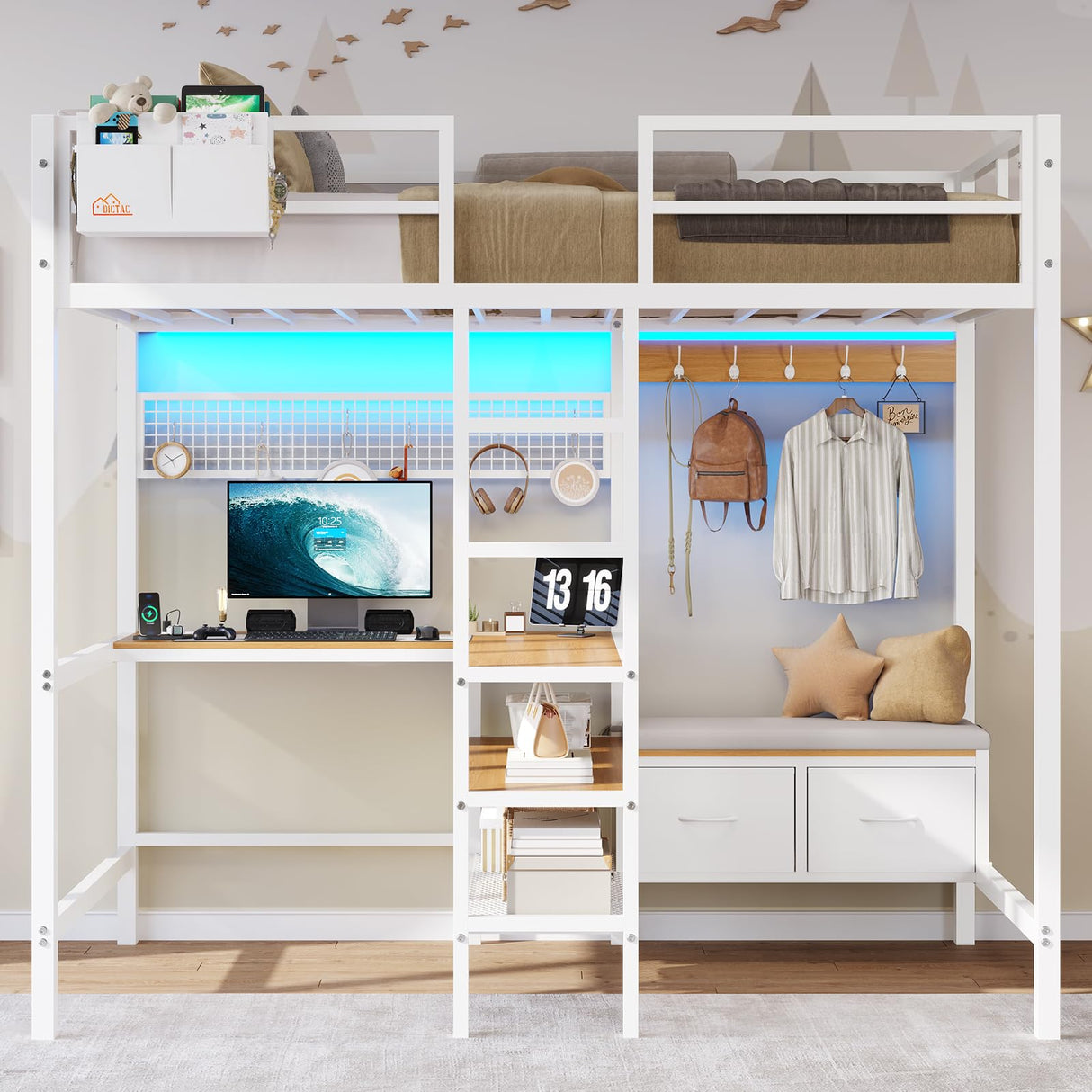 DICTAC Twin Loft Bed with L-Shaped Desk and Charging Station Twin Size Metal Bed Frame with LED Lights,Storage Shelves and Coat Rack with 2 Storage Drawers,Top Bunk with Safety Guard & Stair, White DICTAC