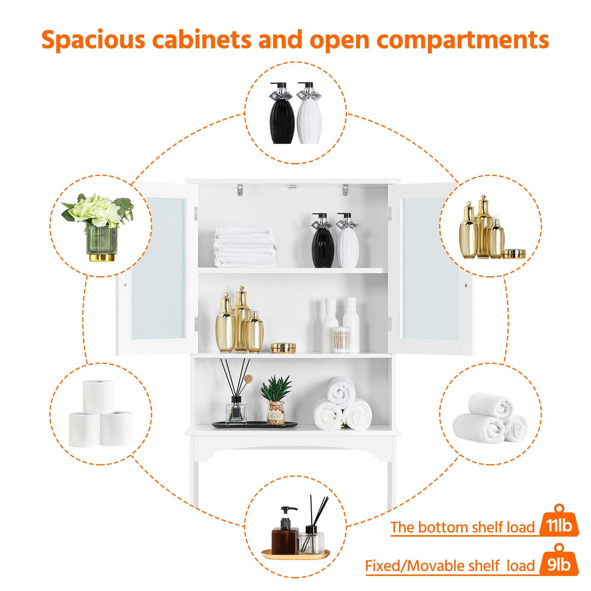 Yaheetech Over The Toilet Storage Cabinet with Double Tempered Glass Doors and Adjustable Shelf, Freestanding Bathroom Storage Rack, 66 Inches Height Yaheetech