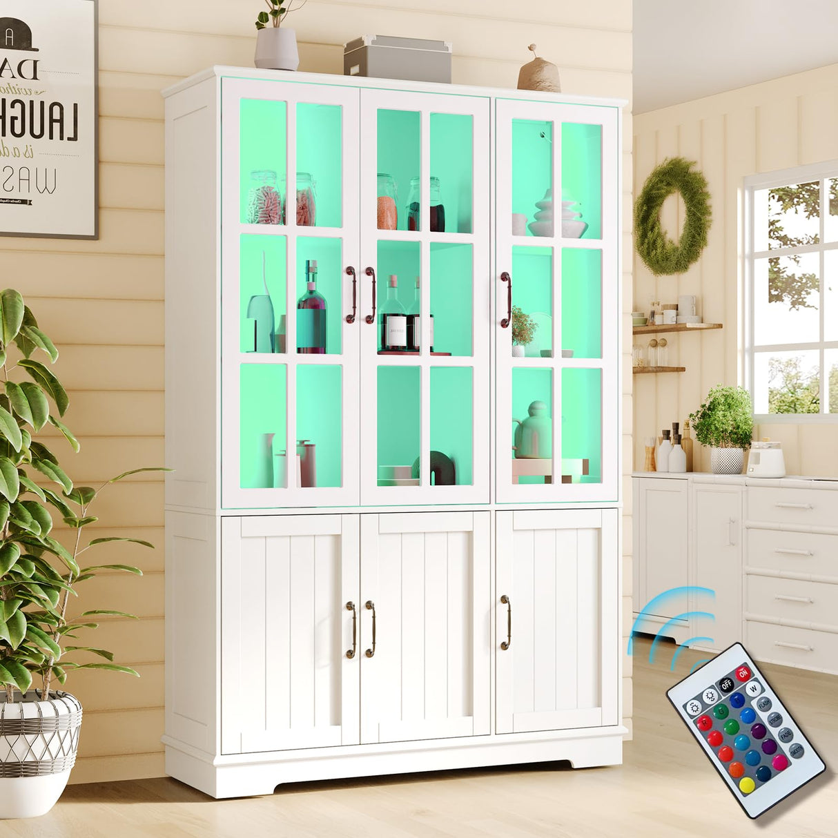 AMERLIFE 71" Tall Storage Cabinet with LED Lights, 5 Tier Large Modern Wood Kitchen Pantry with Acrylic Glass Doors & Shelves, Display Cabinet for Living room, Dining room, Bathroom, 6 Doors White AMERLIFE