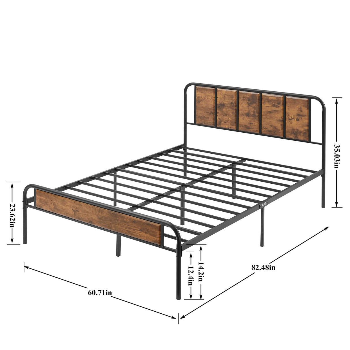 VECELO Industrial Queen Size Platform Bed Frame with Wooden Headboard - Sturdy, No Box Spring Needed, Brown VECELO