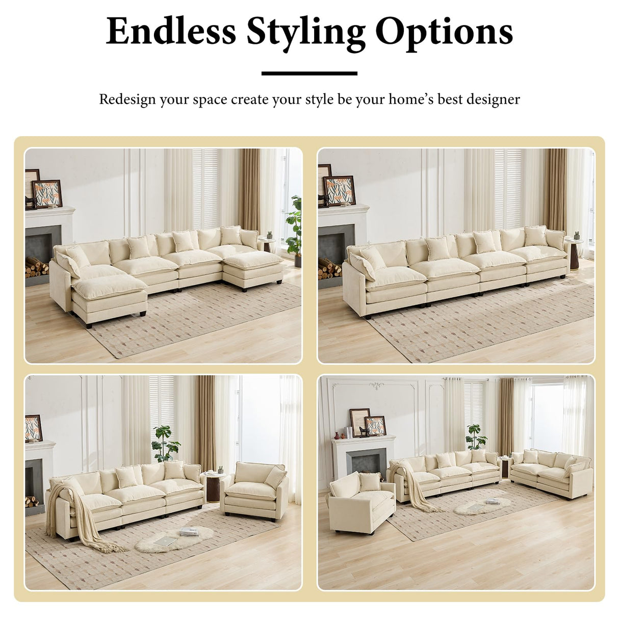 76.7" Oversized Beige Loveseat Sofa, Ivory Off-White 2 Seater Large Sectional Couches for Living Room, Chenille Fabric Modular Sectional Sofa with 1 Ottoman, Modern Sofas Set, Love Seat Couches ODUSE-DAILY