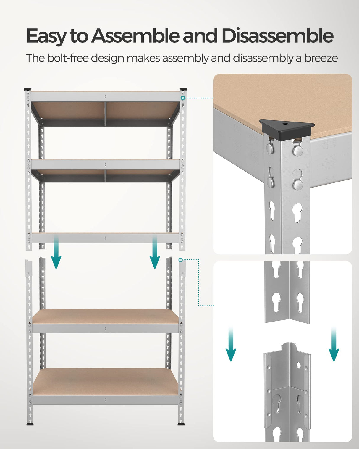 SONGMICS 5-Tier Storage Shelves, Load 2310 lb, Garage Storage, Boltless Assembly, Adjustable Shelving Unit, 17.7 x 35.4 x 70.9 Inches, for Study Shed Basement, Silver and Natural Beige UGLR450E01 SONGMICS