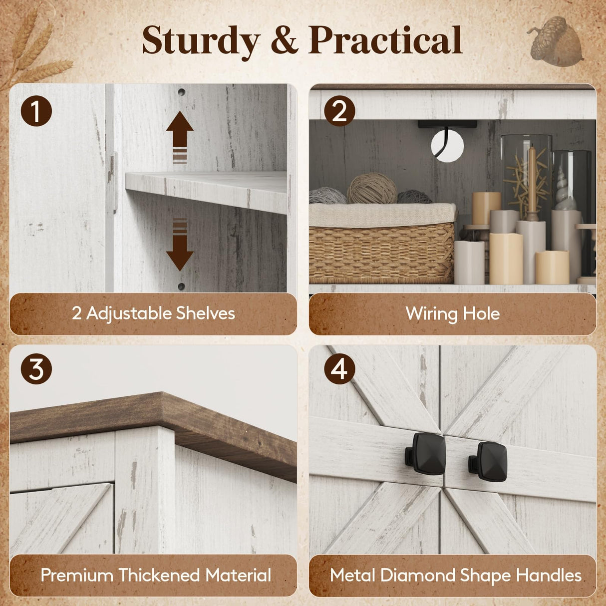 Lifewit Farmhouse End Table with Charging Station and USB Ports, 24" Large Tabletop Side Table with Double Barn Doors, Wood Square Nightstand for Living Room, Office, Bedroom, Rustic White Lifewit