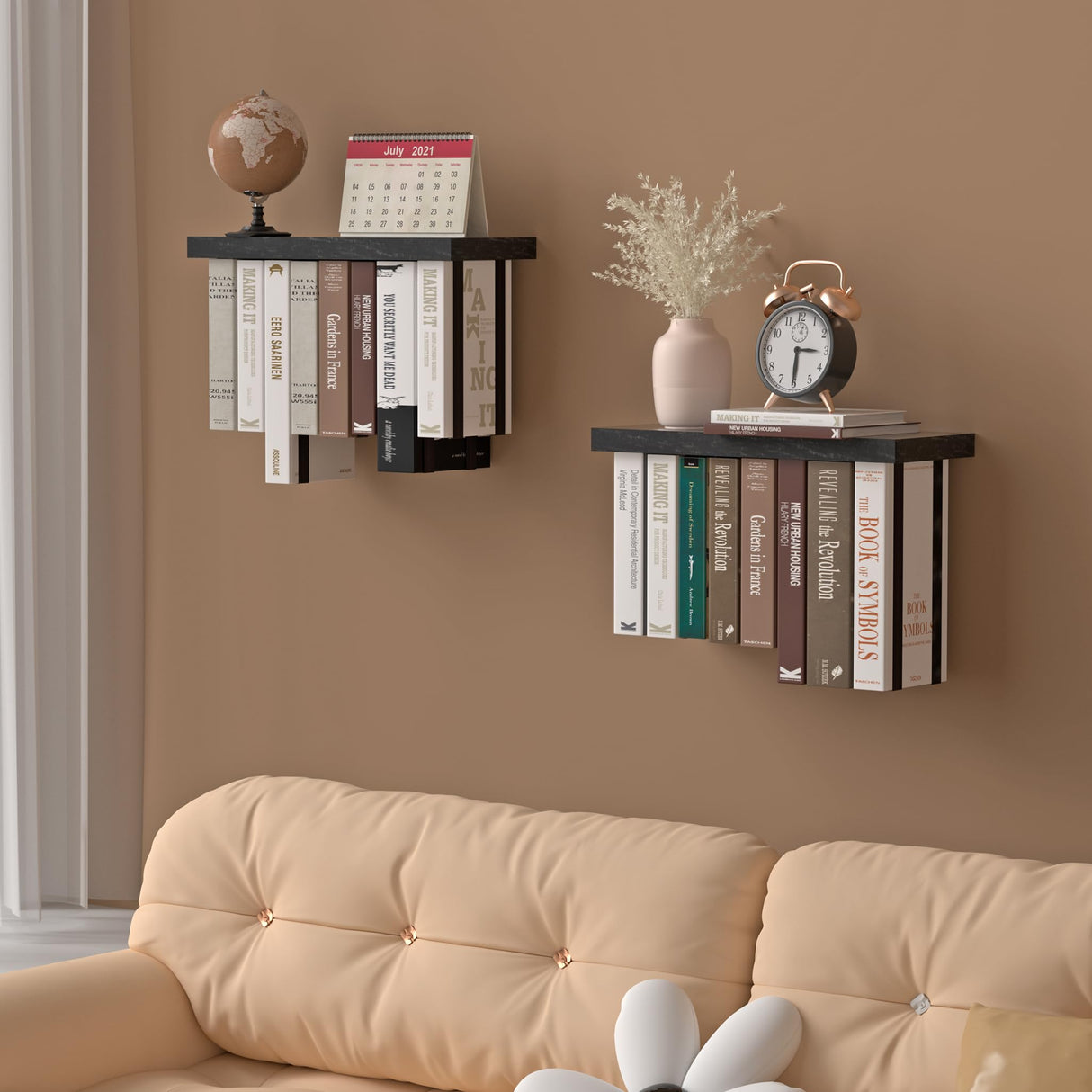 Tohiasen Floating Book Shelves for Wall Mounted Set of 2, Wood Hanging Bookshelf, Book Display Shelf for Wall, Unique Space Saving Book Shelf Wall Book Holder(Black) Tohiasen