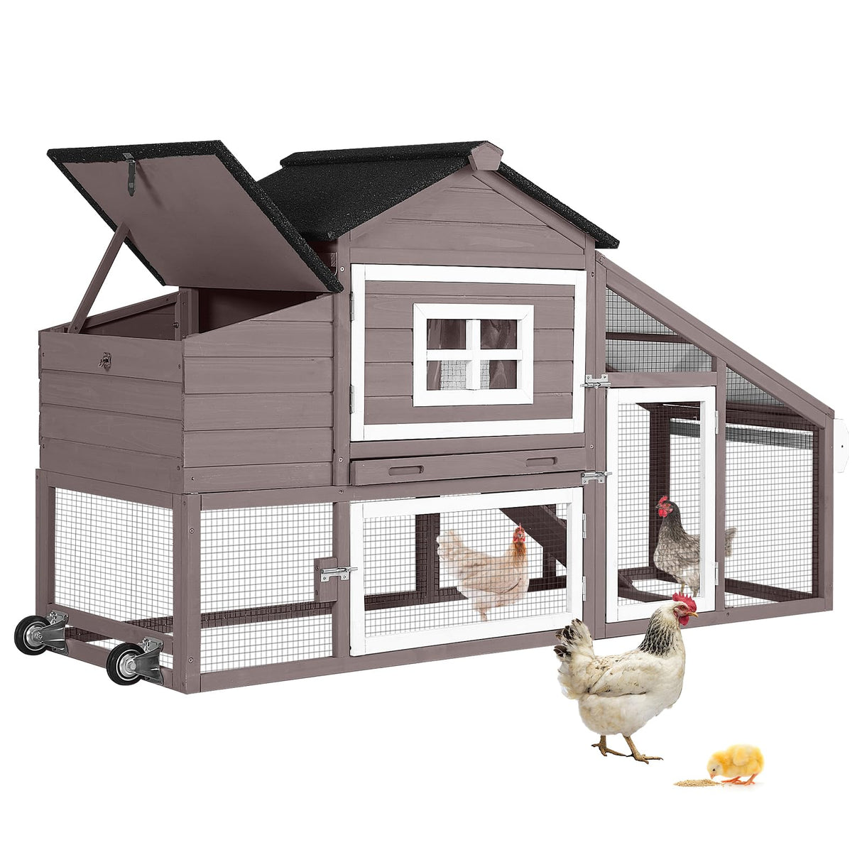 GUTINNEEN Chicken Coop Mobile Hen House Wooden with Run Poultry Cage with Nesting Box,Field Grey GUTINNEEN