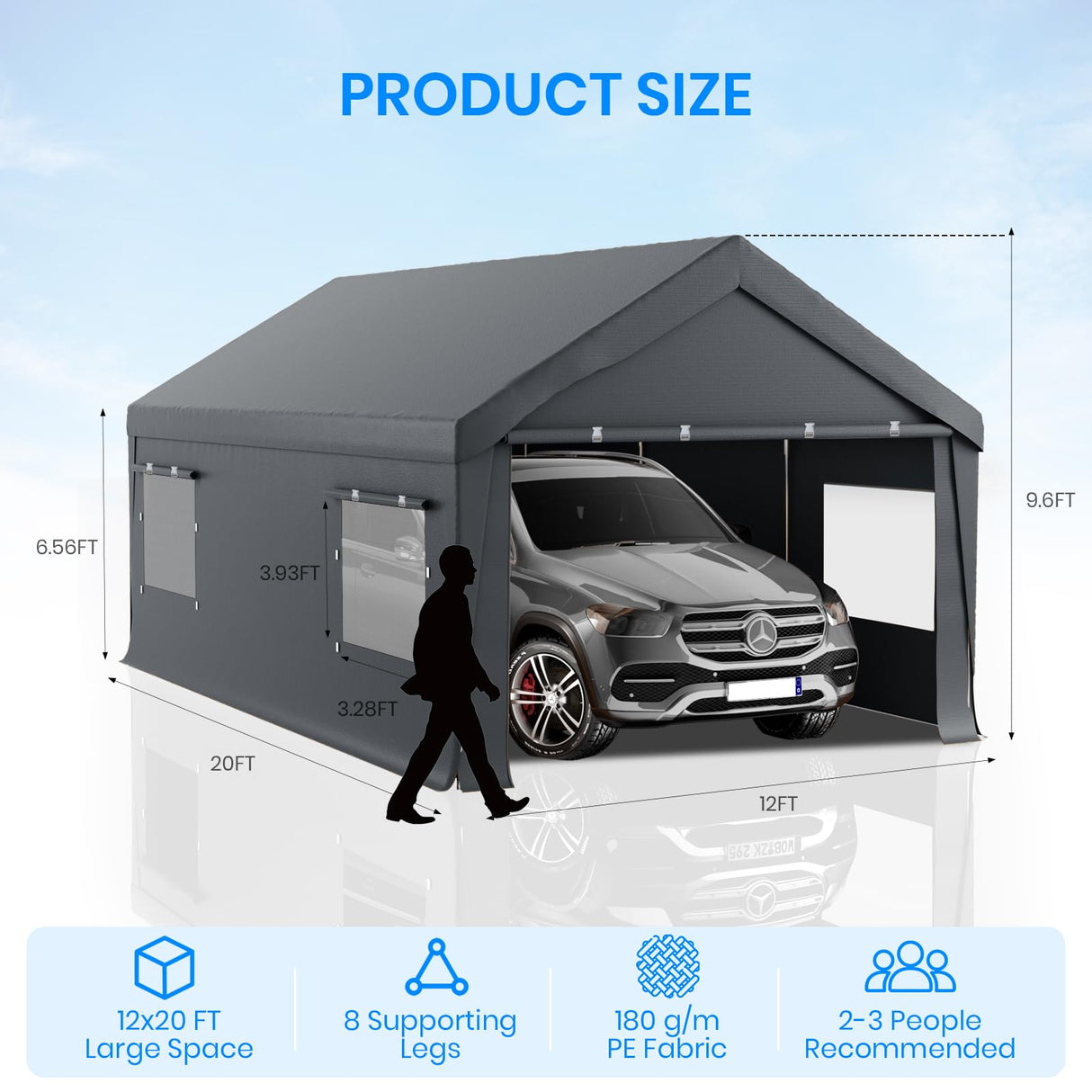 Carport 12x20 FT Heavy Duty,Outdoor Portable Garage with Removable Sidewalls & Doors, Waterproof, UV-Resistant Canopy Shelter for Vehicles, Boats, RVs, Trucks, All-Season Car Port, Gray RICHRYCE