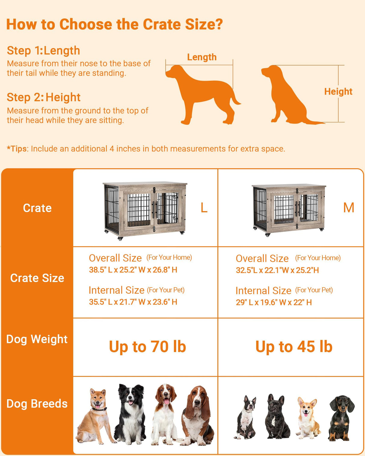 Dog Crate Furniture with Cushion, Large Wooden Dog Kennel Indoor with Double Doors, Dog Cage with Wheels, Dog House Side End Table for Large Medium Dogs up to 70 lb, 38.5” L, Grey YaFiti