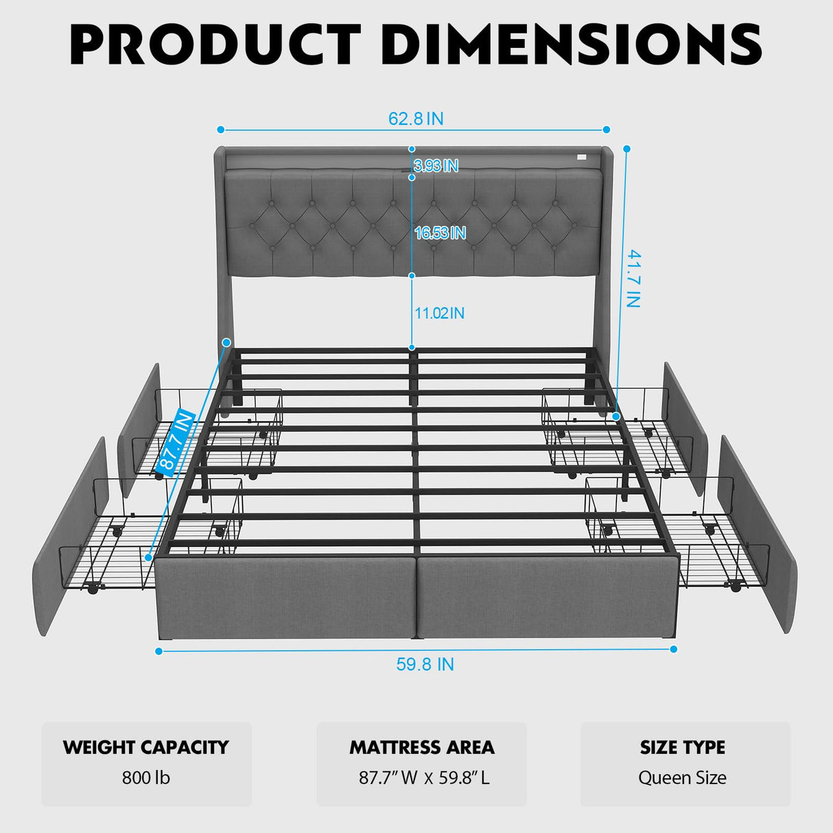 Doltoro Queen Size Bed Frame with 4 Storage Drawers, LED Lights, and Charging Station Doltoro
