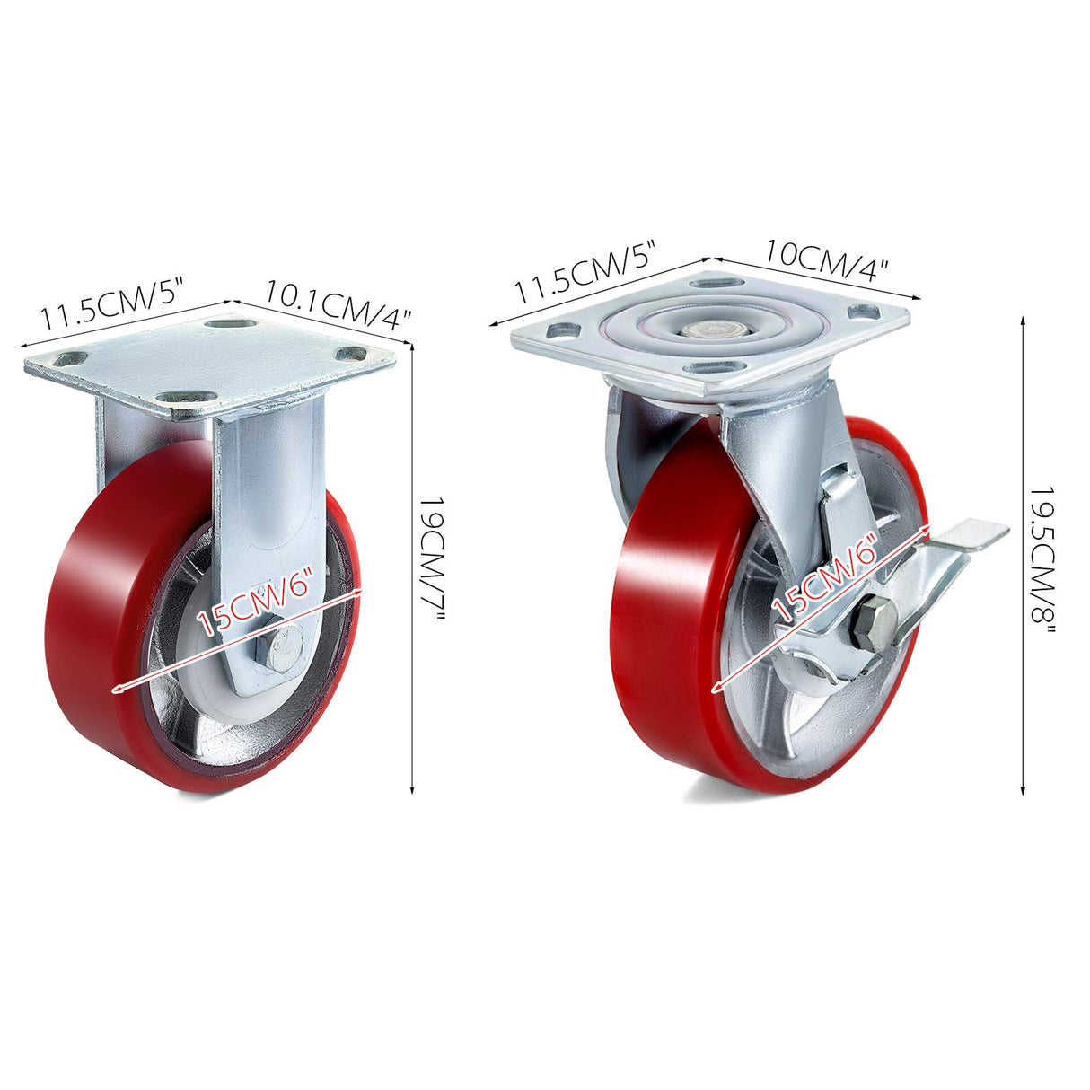 VEVOR Caster Wheels Set of 4, 6" Heavy Duty Casters (2 Rigid and 2 Swivel Casters with Side Brake) Polyurethane Iron Core Plate 4000LBS Capacity VEVOR