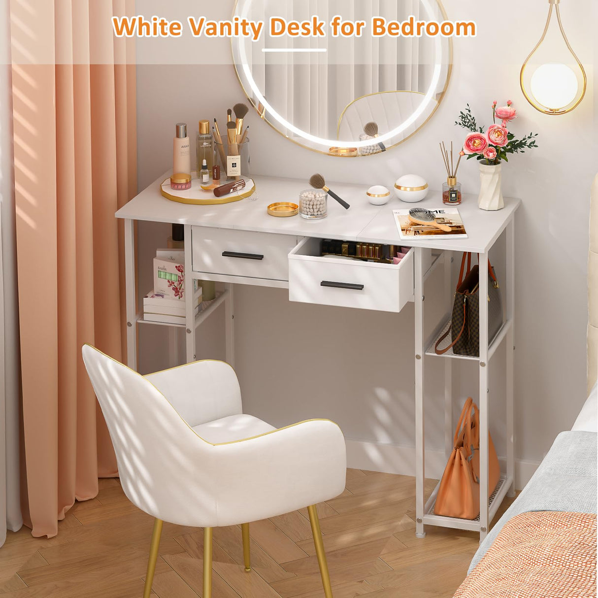 DAOUTIME White Computer Desk with Drawers, 37.3 Inch Home Office Work Desk with Storage Shelf, Kids Teens Study Table for Small Space, Small Writing PC Table for Bedroom Makeup Vanity Desk DAOUTIME
