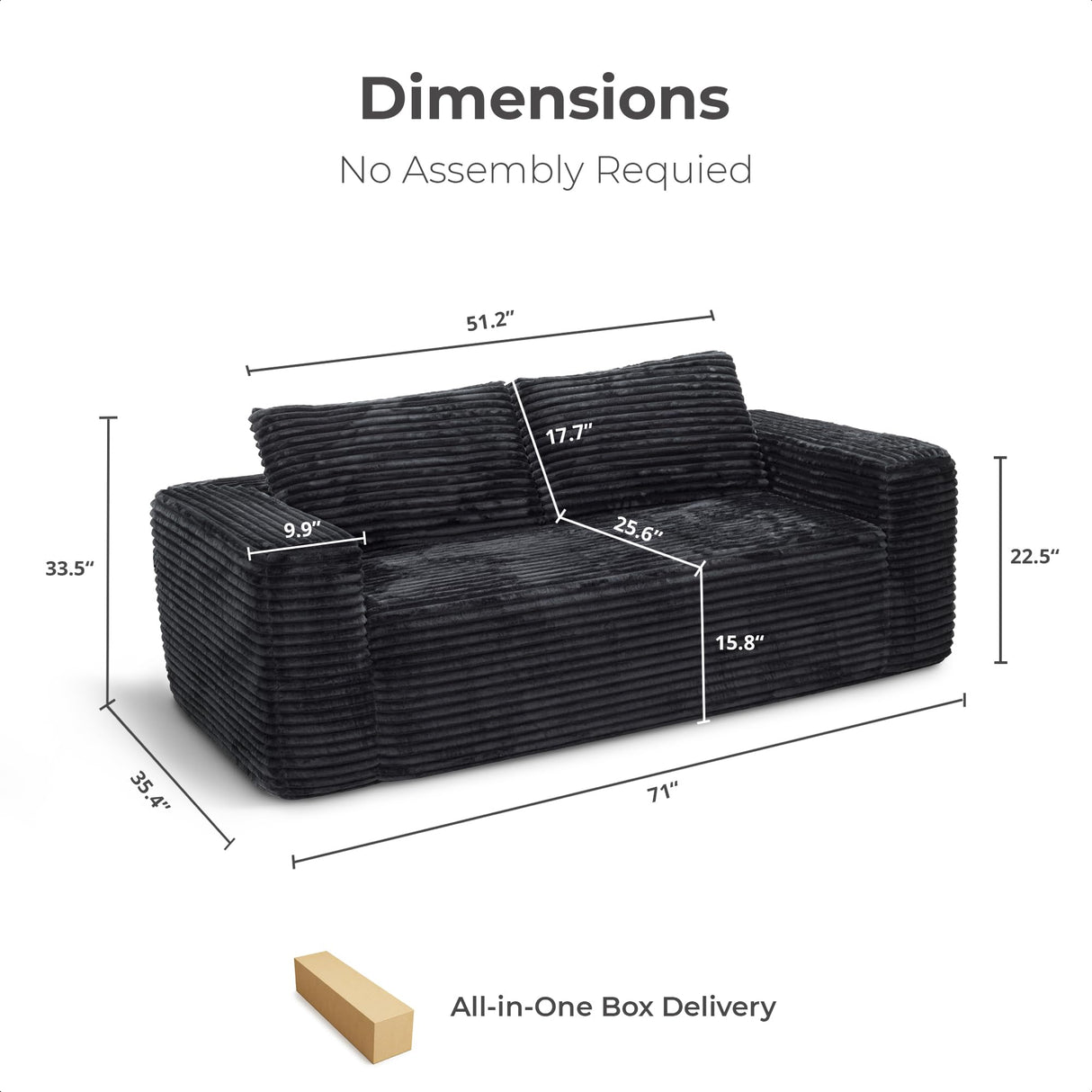 LIKIMIO 71" Loveseat Sofa, Comfy Deep Seat, No Assembly, Sofa in a Box, Modern Small Couch with Plush Fabric for Living Room, Bedroom, Apartment, Home Office, Black LIKIMIO