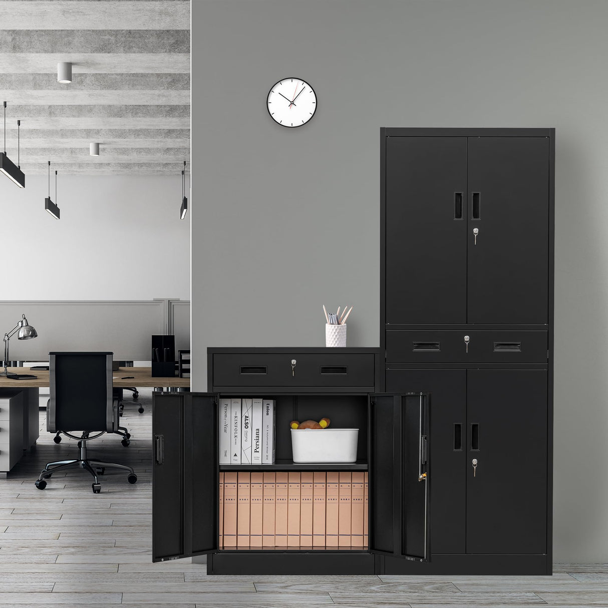 BESFUR Locking Storage Cabinet, Metal Cabinet with Oversized Drawer, Office Storage for Home, Garage, School - Black BESFUR